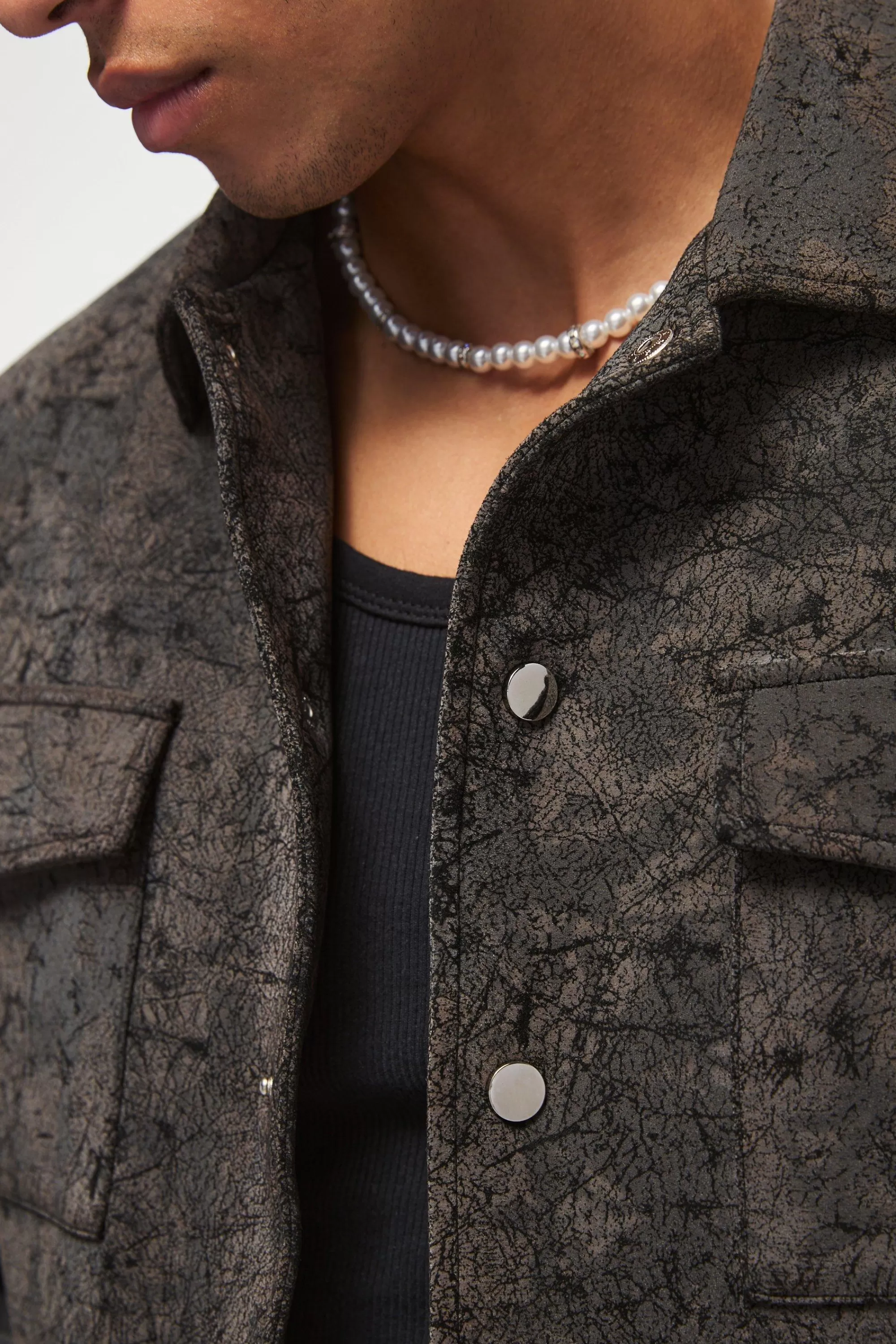 boohooMAN Boxy Cracked Effect Faux Suede Harrington In | UK