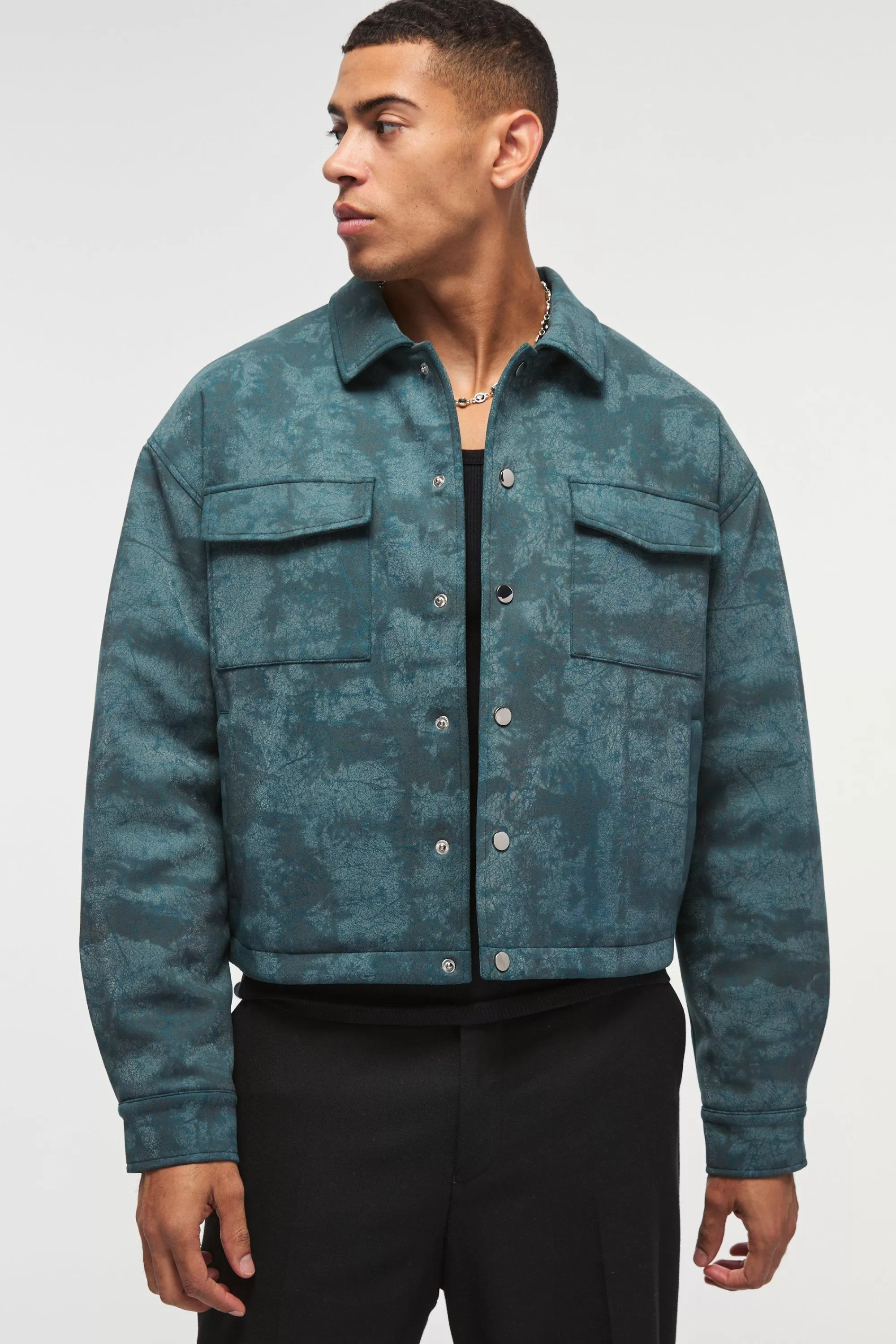 boohooMAN Boxy Cracked Effect Faux Suede Harrington In | UK