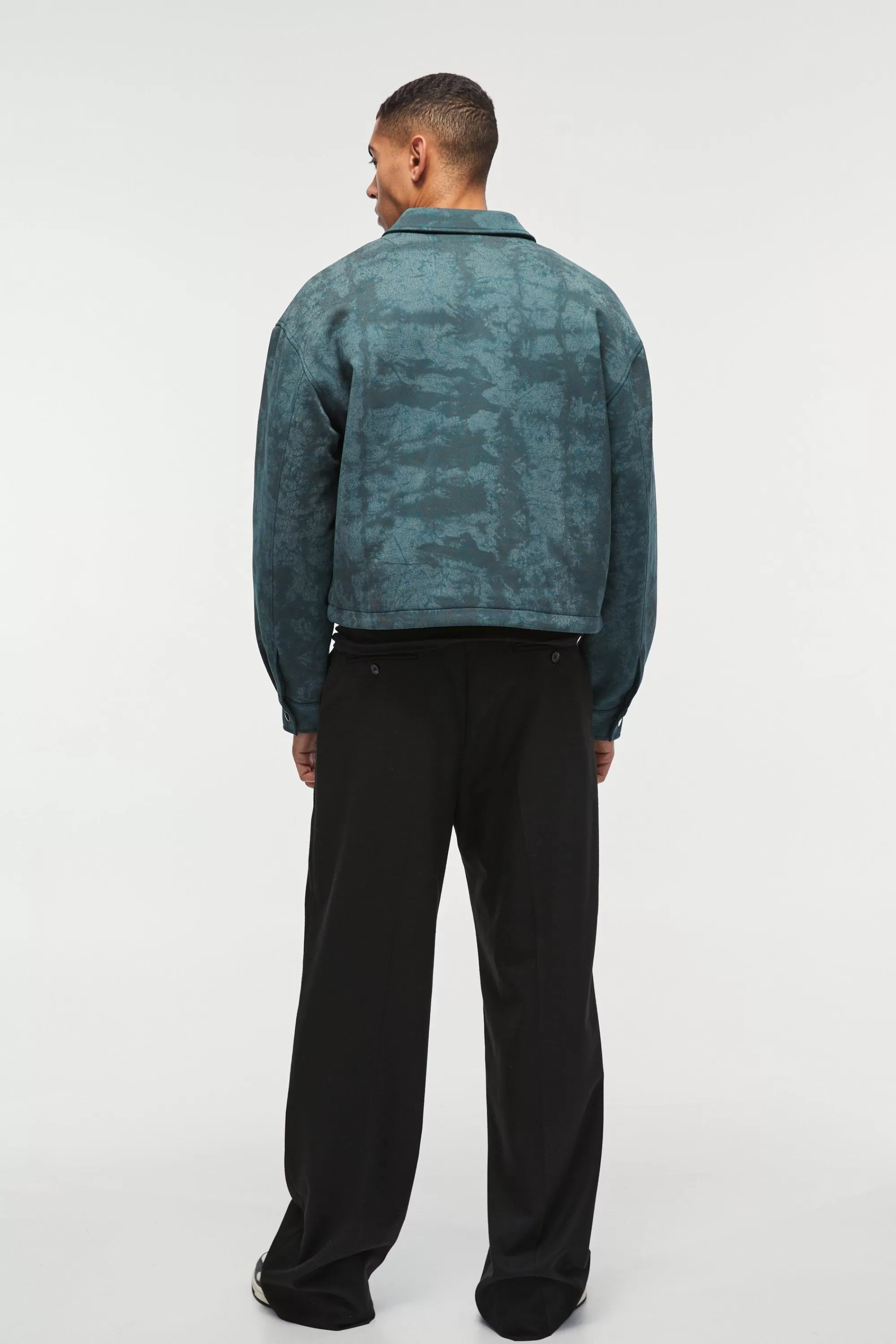 boohooMAN Boxy Cracked Effect Faux Suede Harrington In | UK