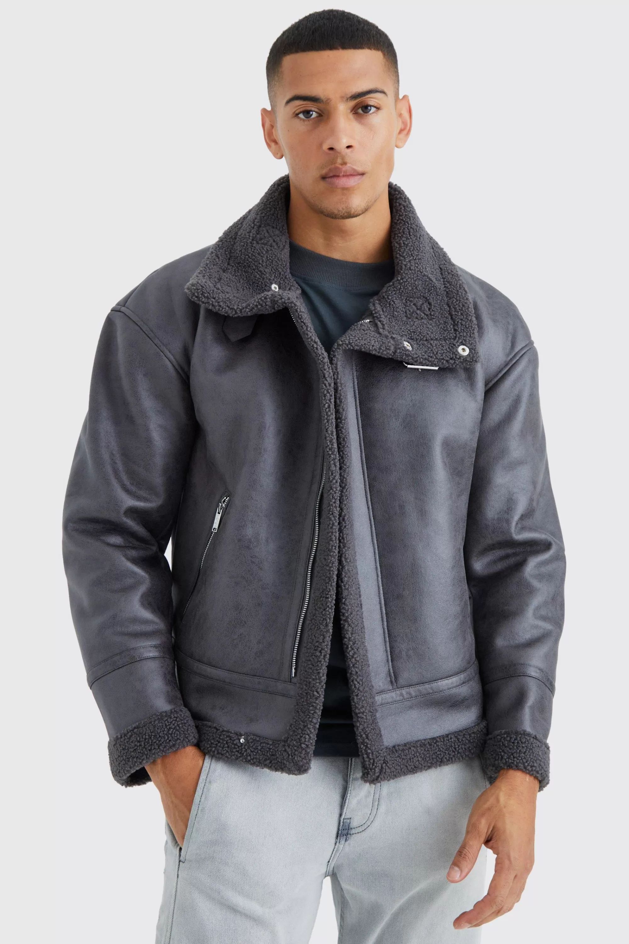 boohooMAN Boxy Cracked Pu Aviator | UK