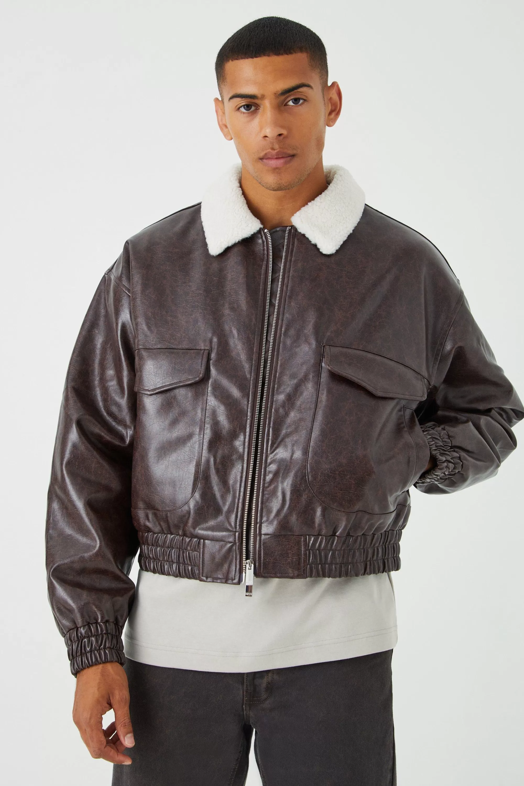 boohooMAN Boxy Cracked Pu Aviator With Borg Collar | UK