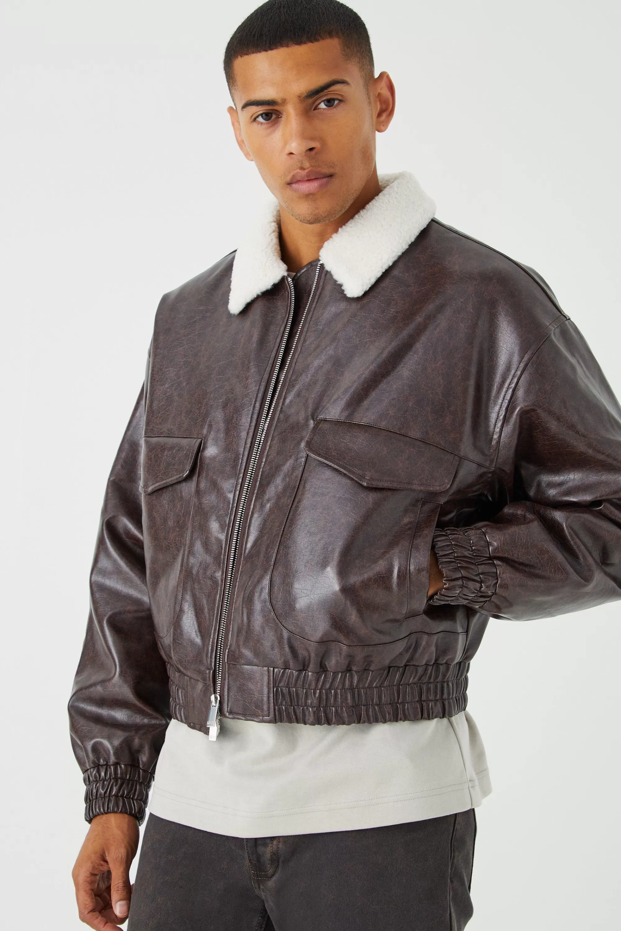 boohooMAN Boxy Cracked Pu Aviator With Borg Collar | UK