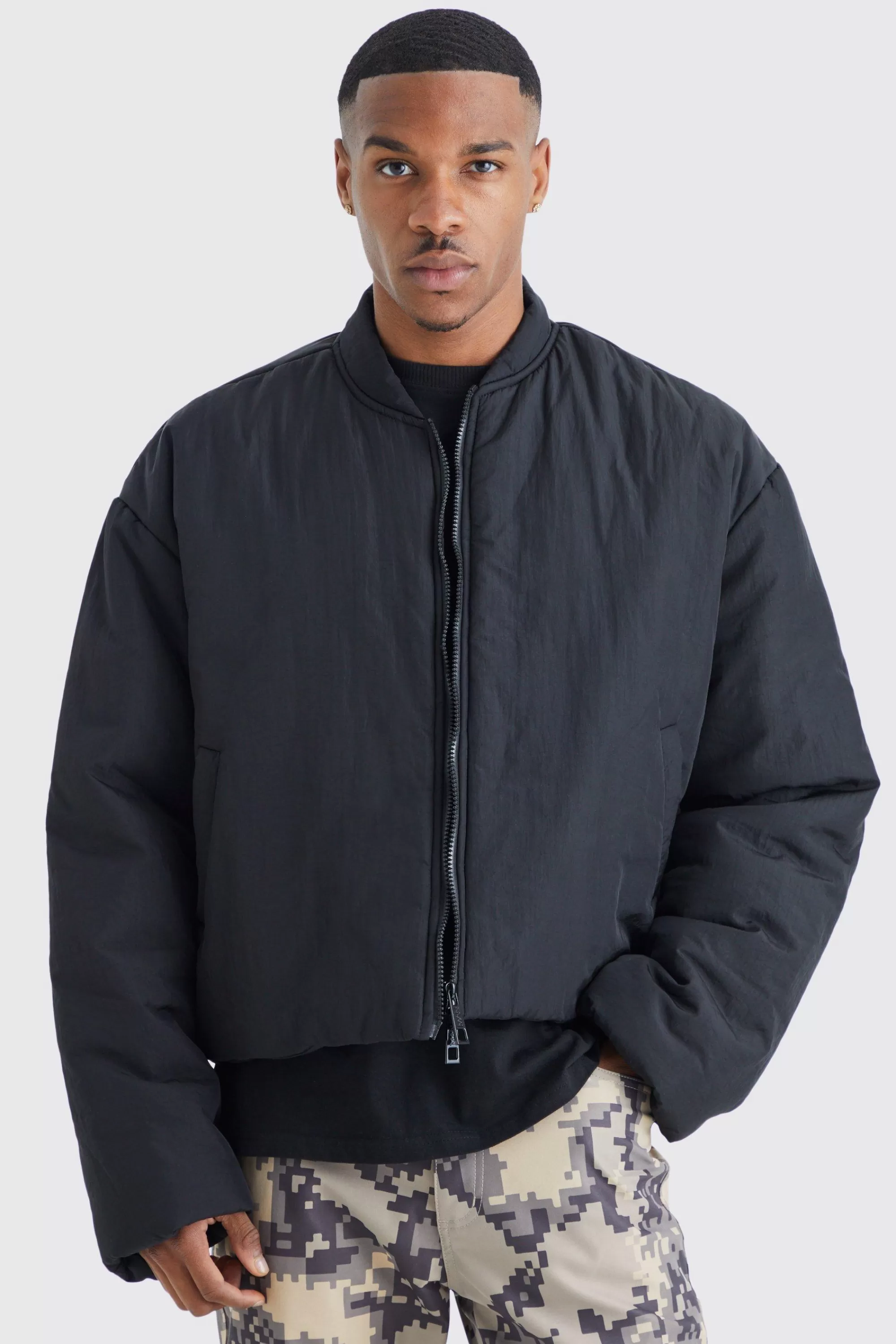 boohooMAN Boxy Crinkle Nylon Puffer Bomber | UK