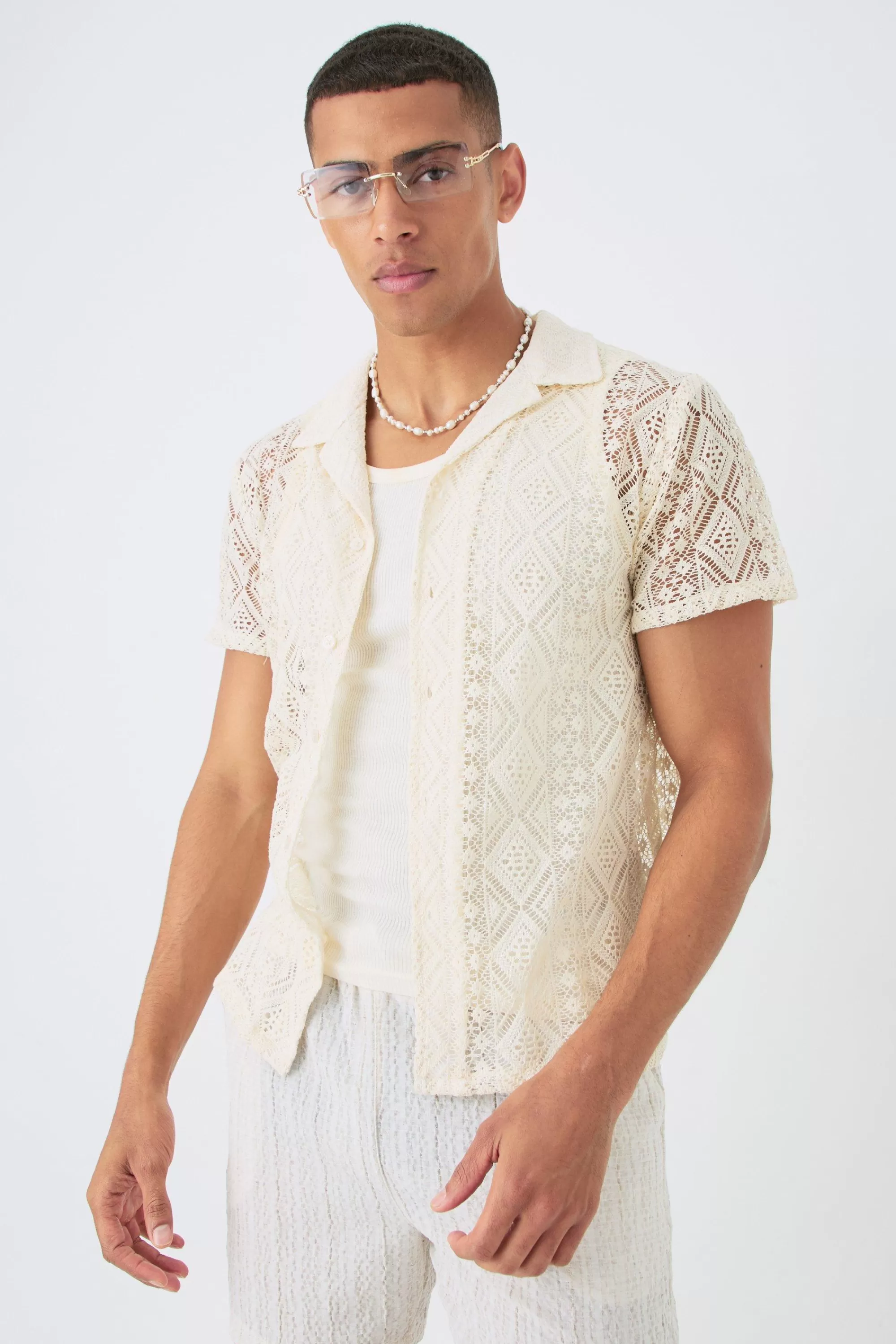 boohooMAN Boxy Crochet Look Shirt | UK