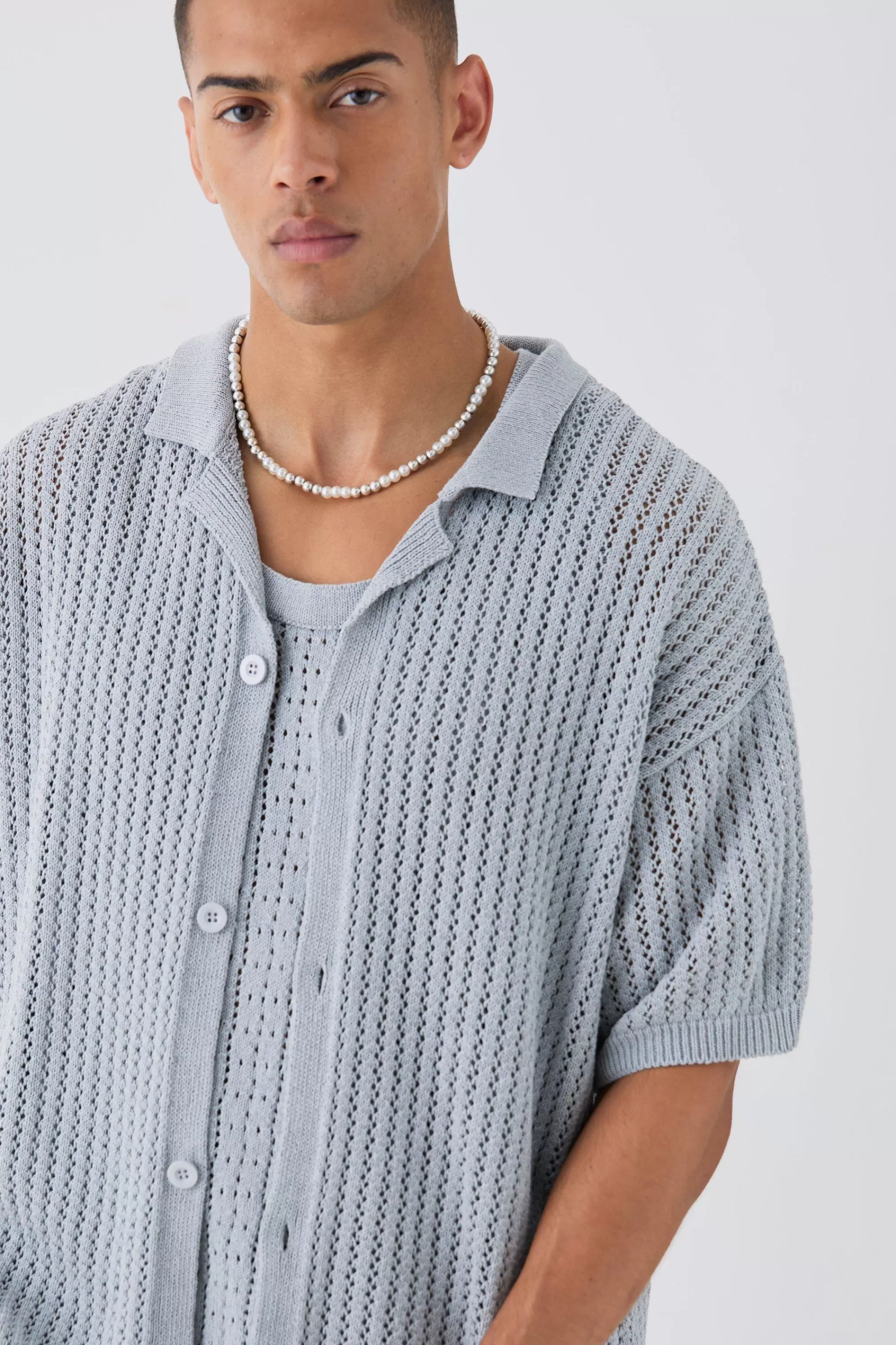 boohooMAN Boxy Crochet Open Knit Revere Shirt In | UK