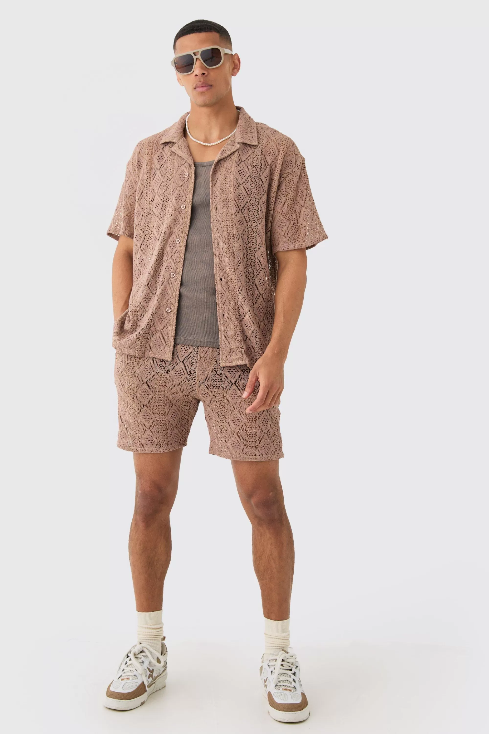 boohooMAN Boxy Crochet Shirt & Short Set | UK