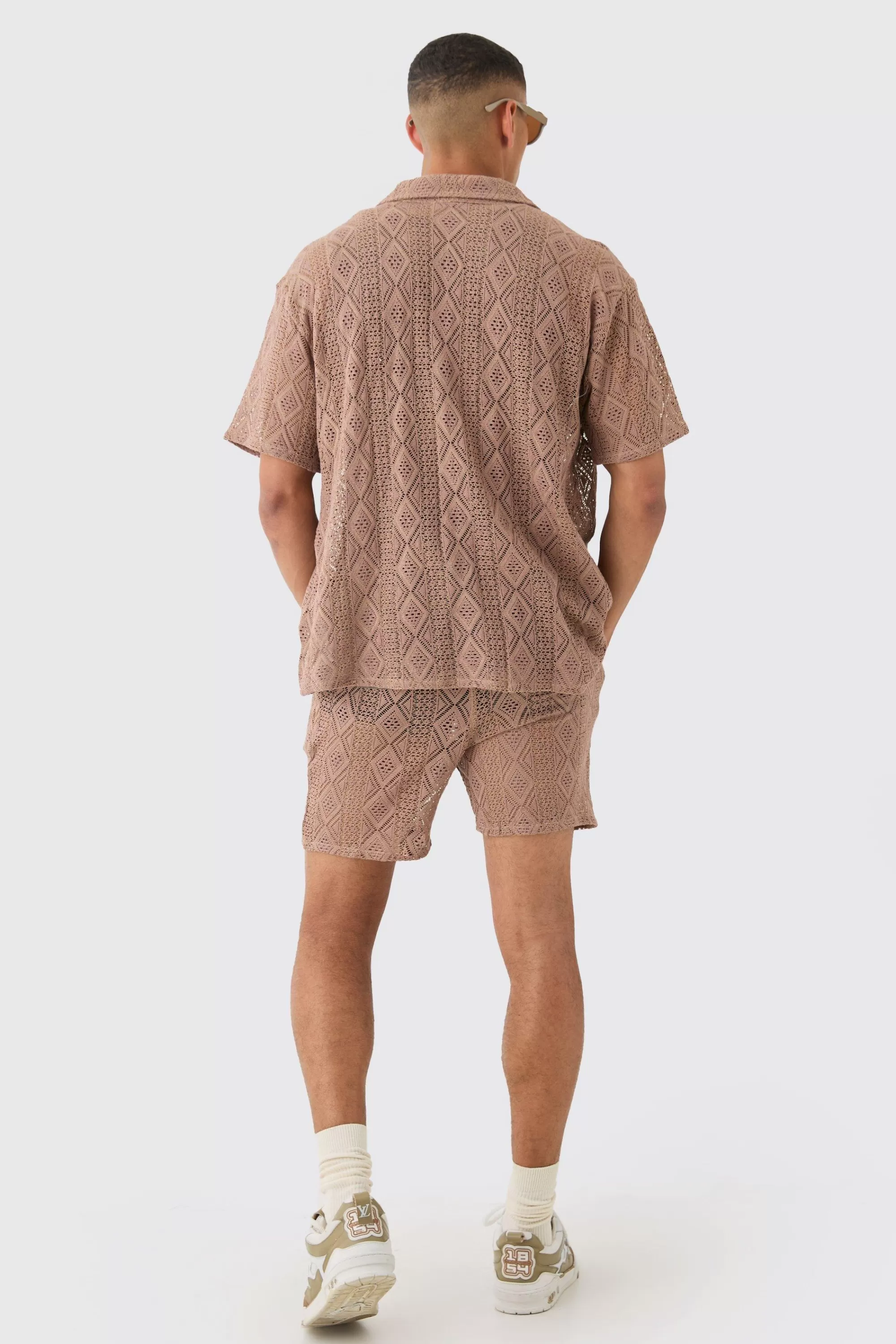 boohooMAN Boxy Crochet Shirt & Short Set | UK