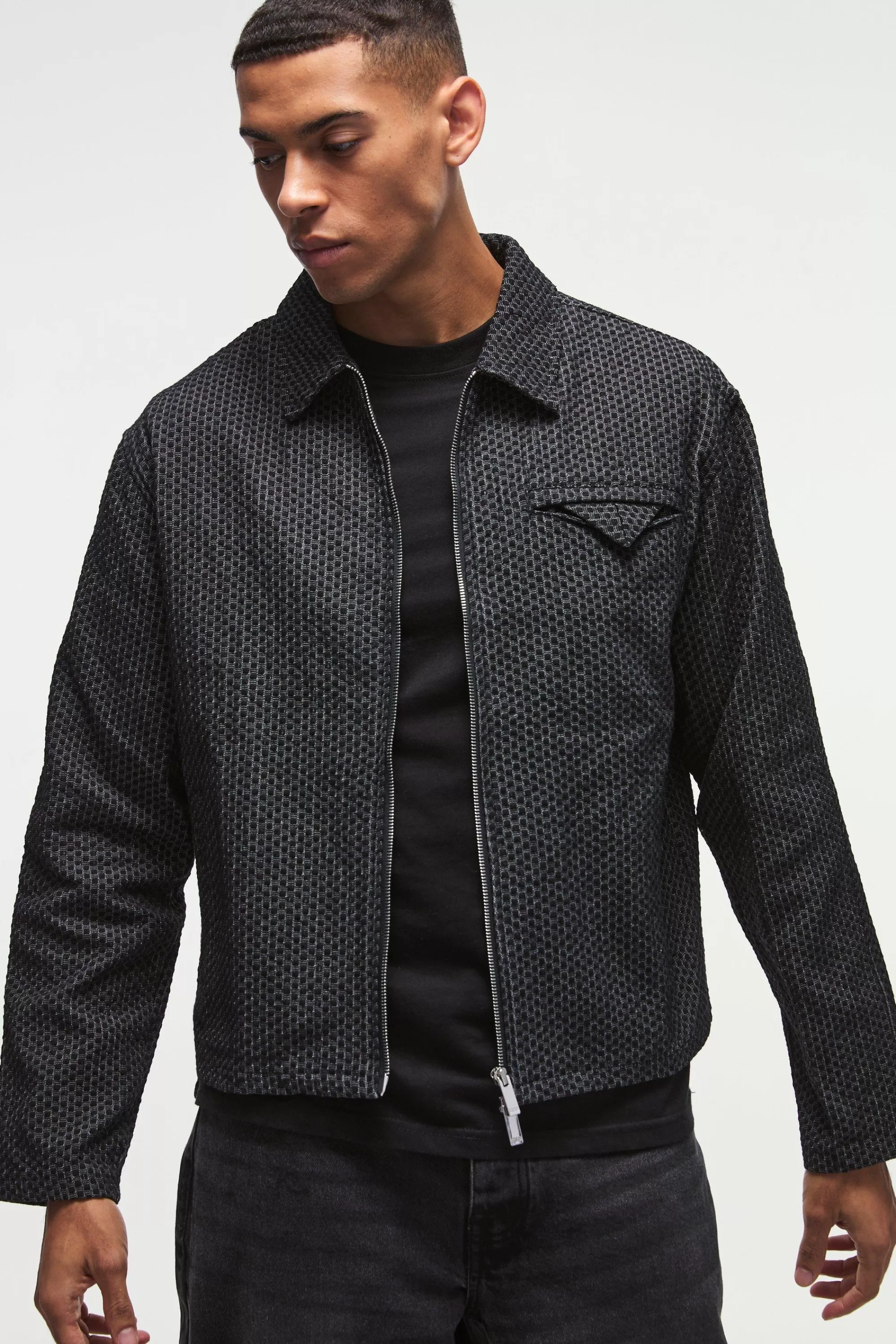 boohooMAN Boxy Denim Textured Jacket | UK