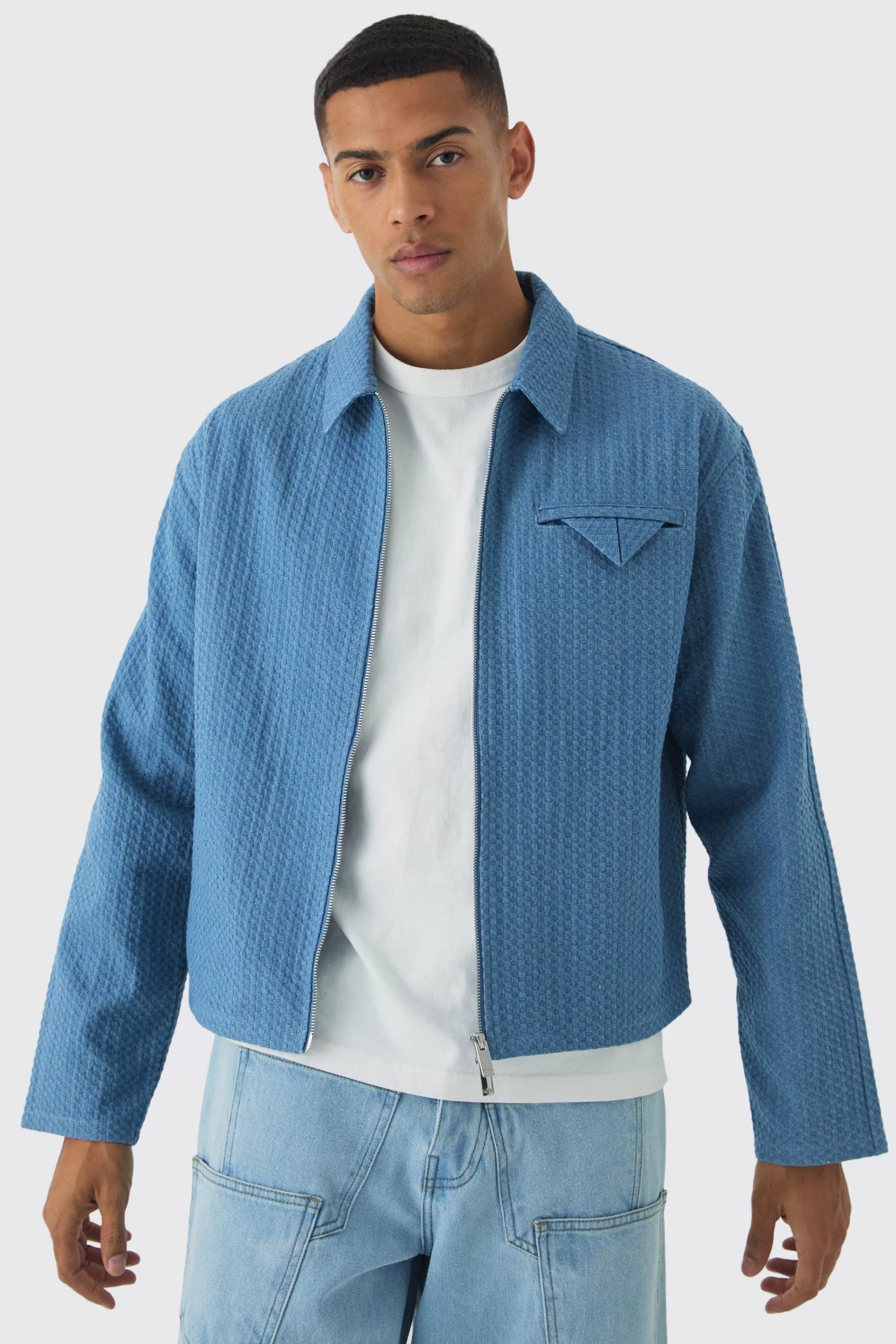boohooMAN Boxy Denim Textured Jacket | UK