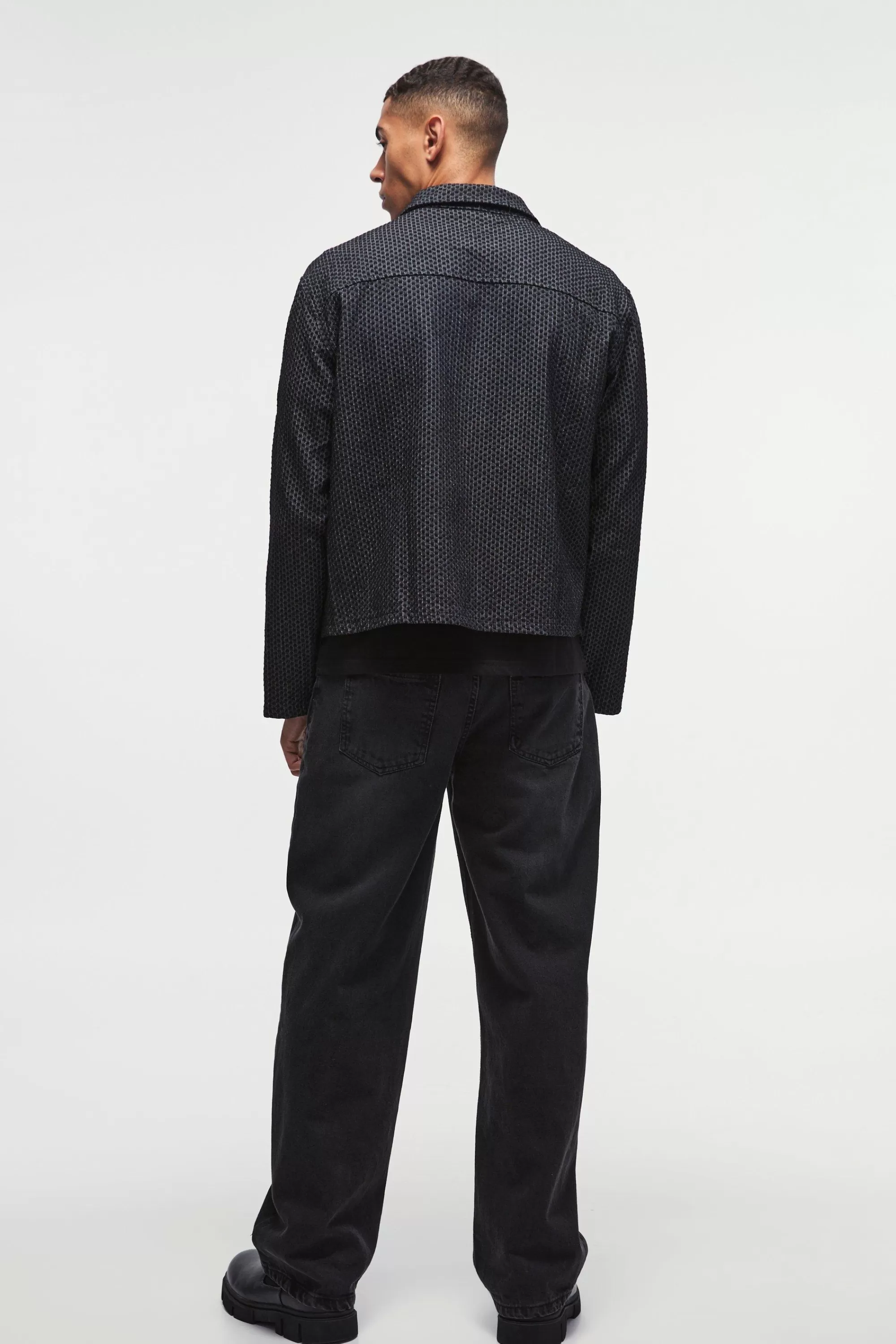 boohooMAN Boxy Denim Textured Jacket | UK