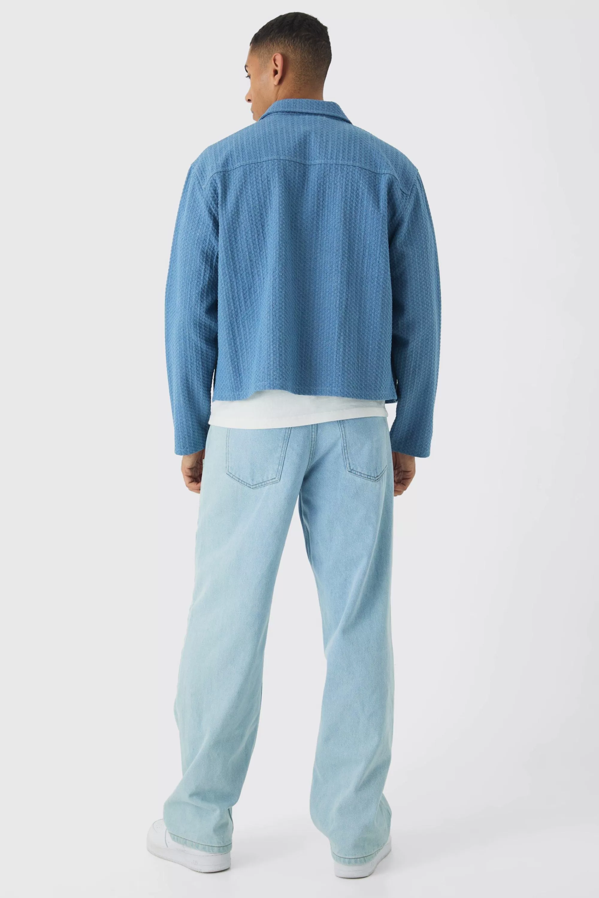 boohooMAN Boxy Denim Textured Jacket | UK
