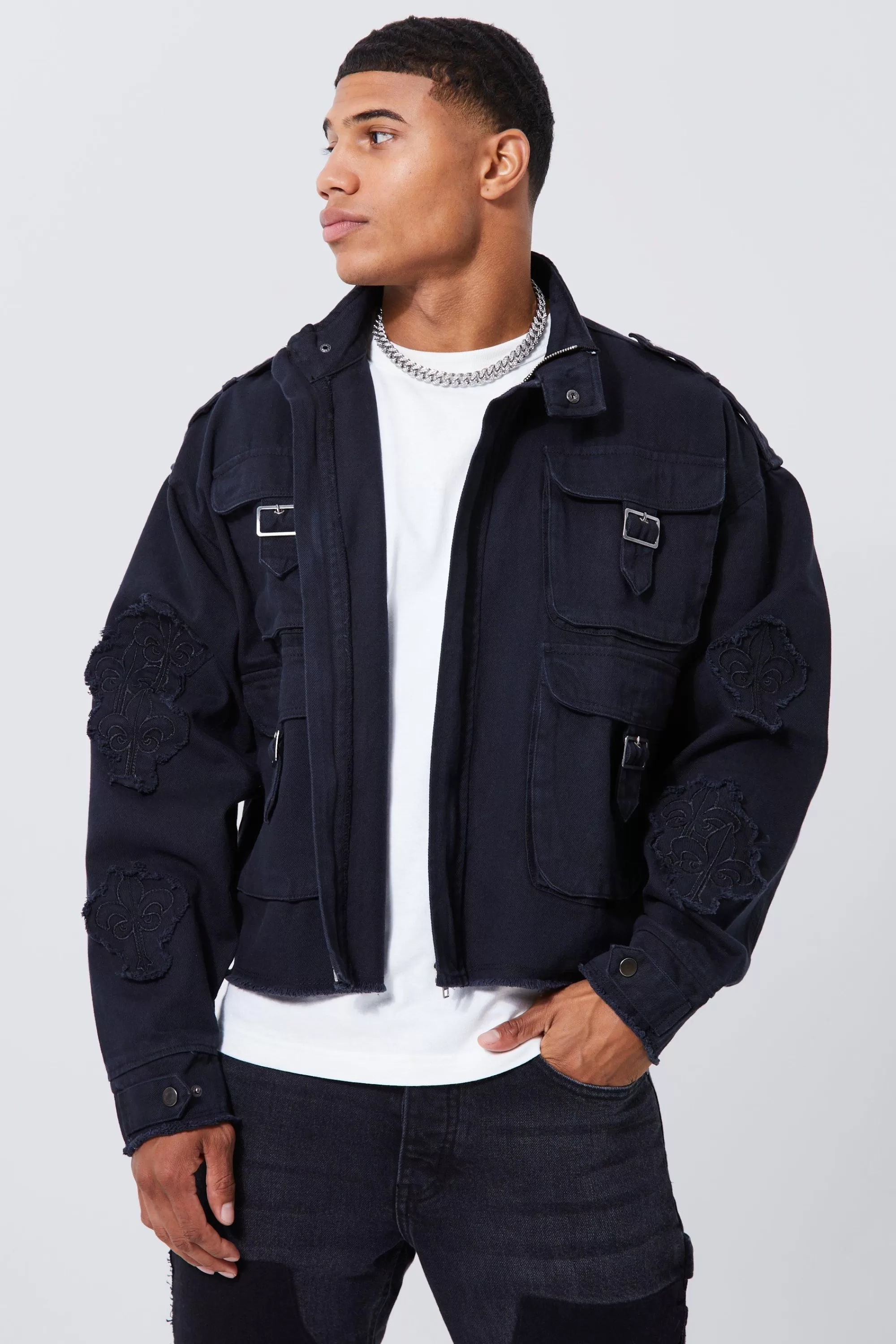 boohooMAN Boxy Distressed Cross Applique Twill Jacket | UK