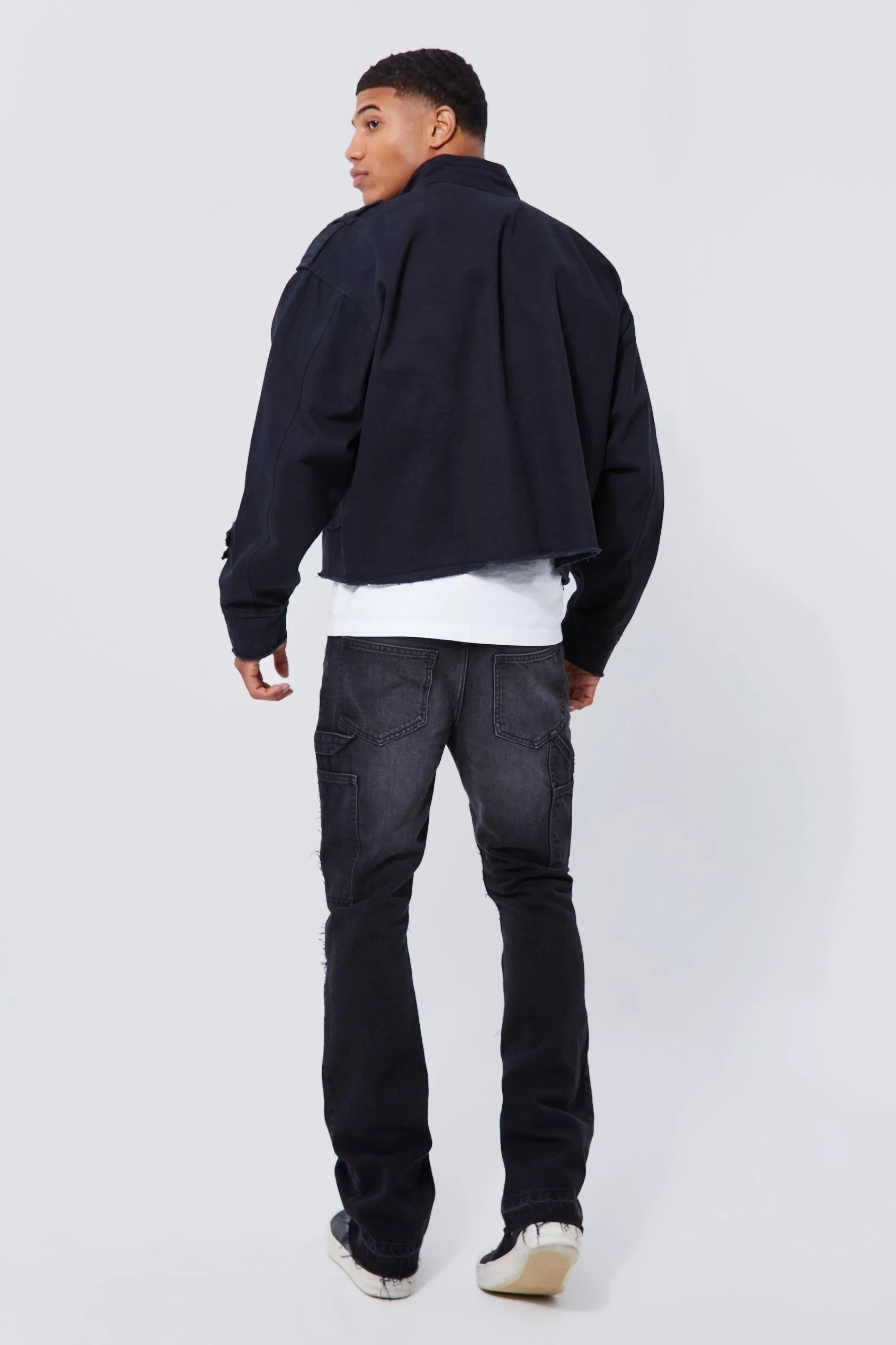 boohooMAN Boxy Distressed Cross Applique Twill Jacket | UK