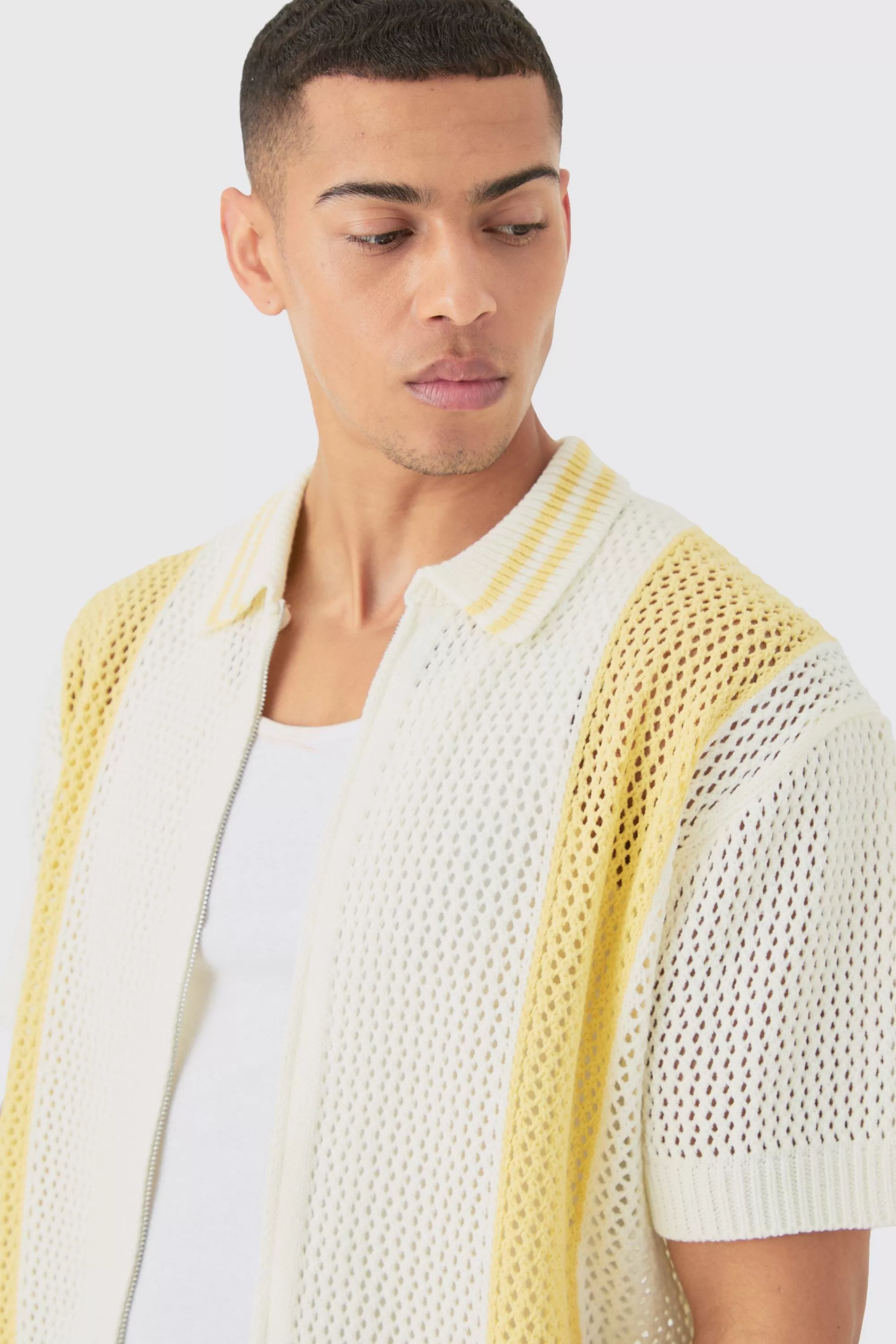 boohooMAN Boxy Dual Zip Open Stitch Colour Block Shirt | UK