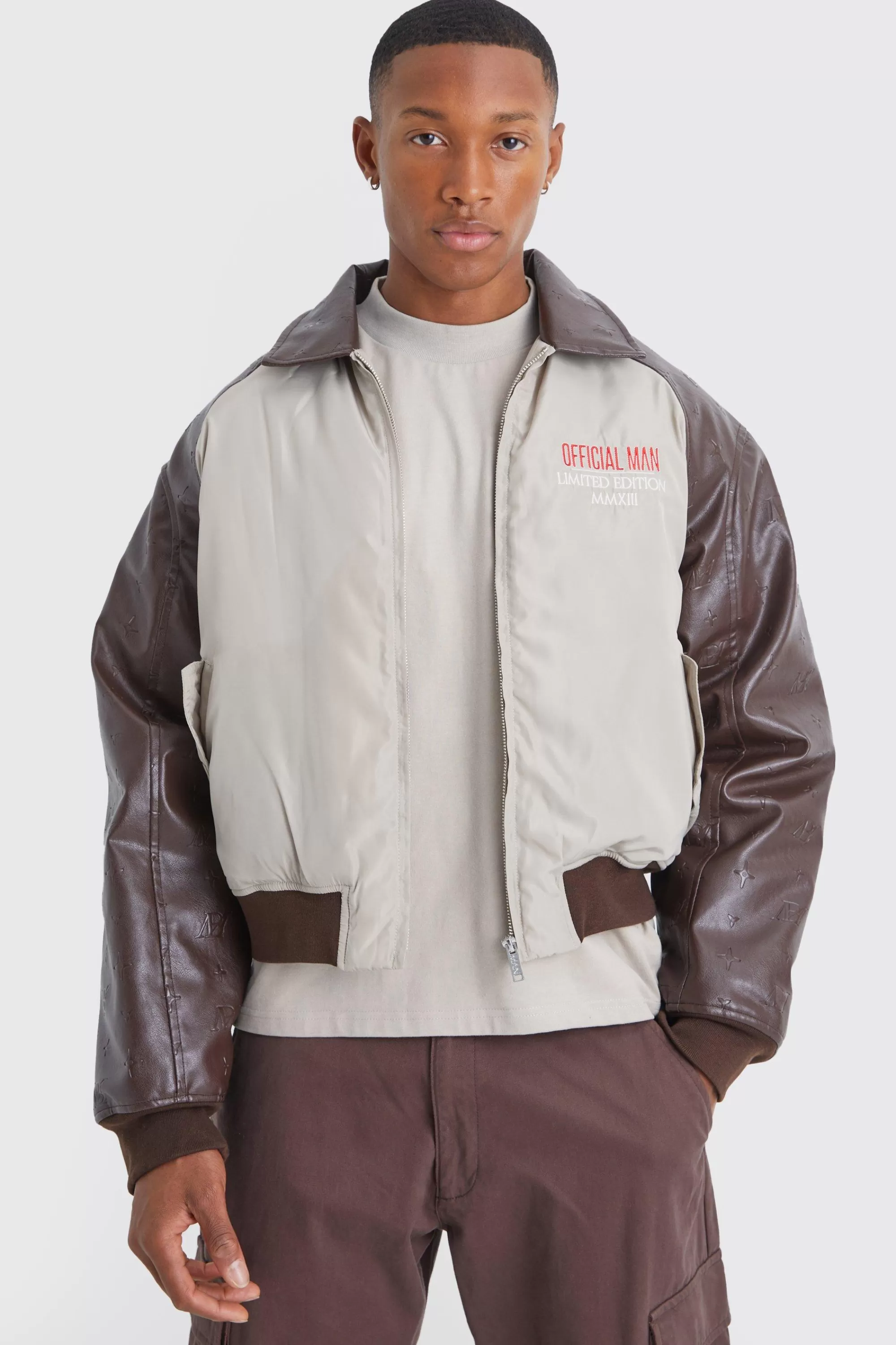 boohooMAN Boxy Embossed Pu & Contrast Nylon Bomber | UK