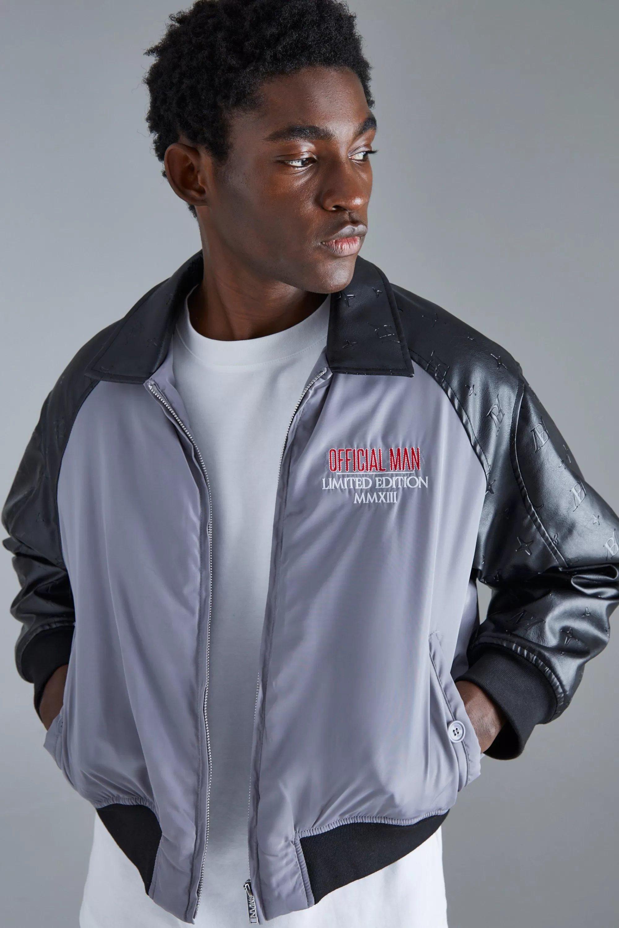 boohooMAN Boxy Embossed Pu & Contrast Nylon Bomber | UK