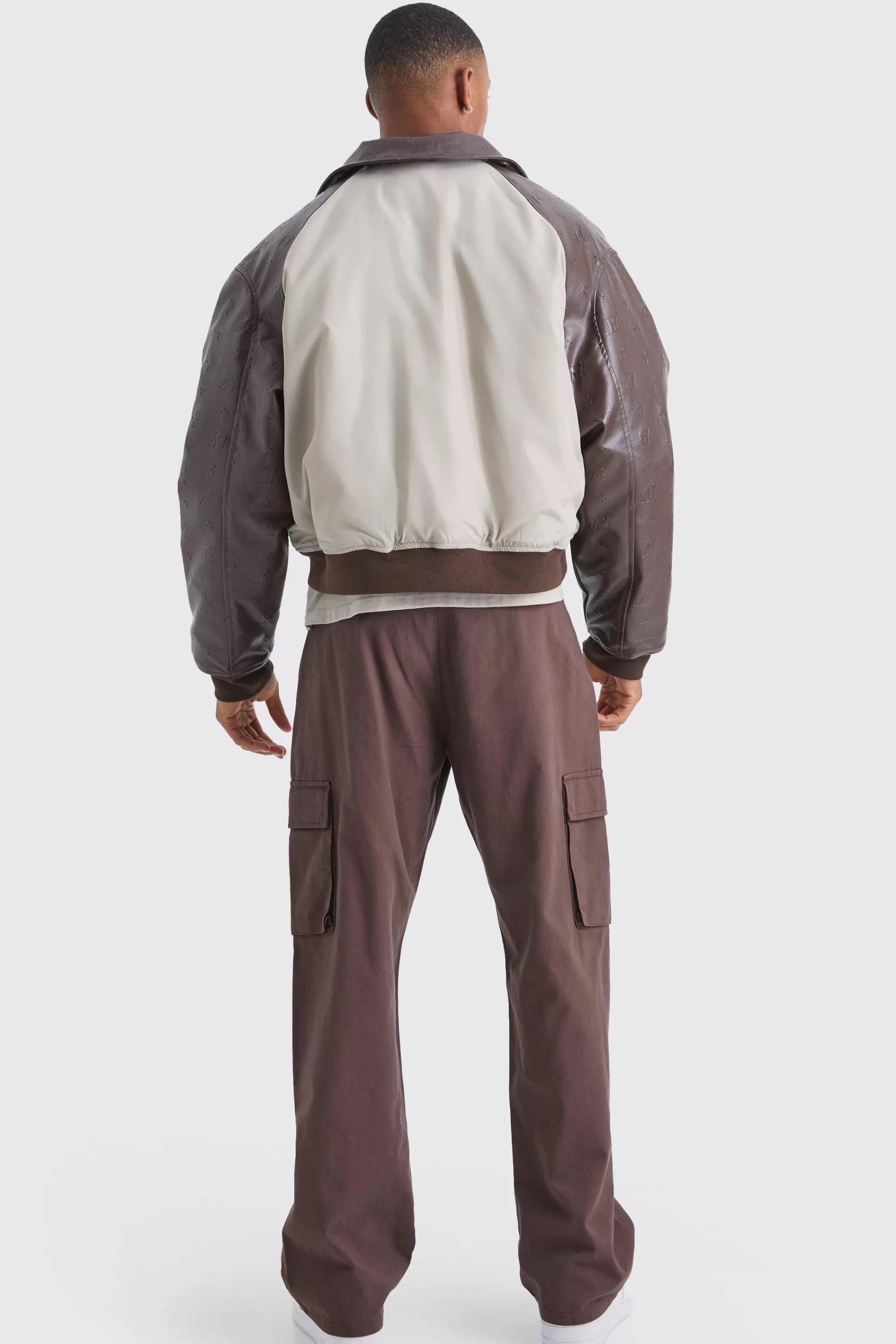 boohooMAN Boxy Embossed Pu & Contrast Nylon Bomber | UK