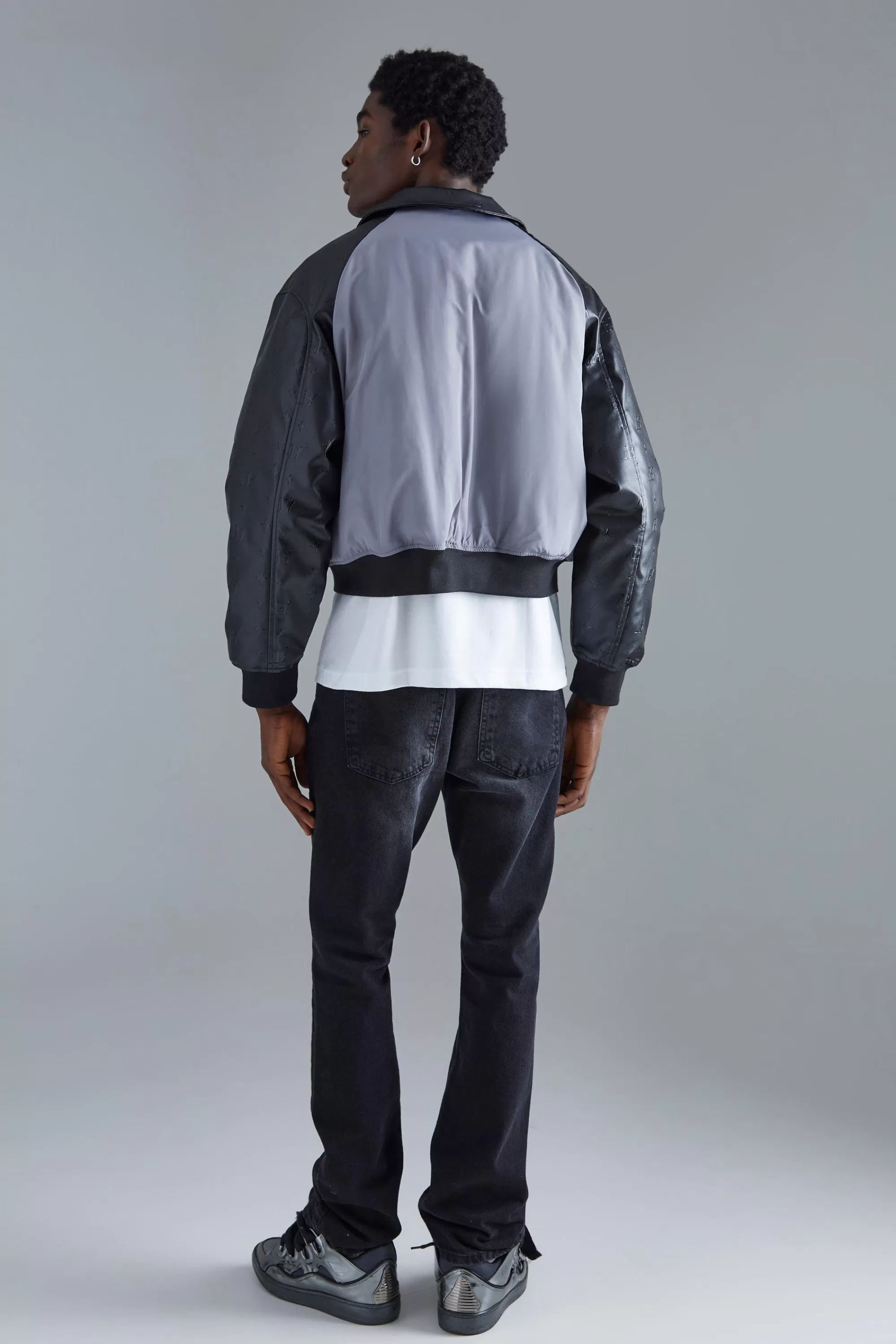 boohooMAN Boxy Embossed Pu & Contrast Nylon Bomber | UK