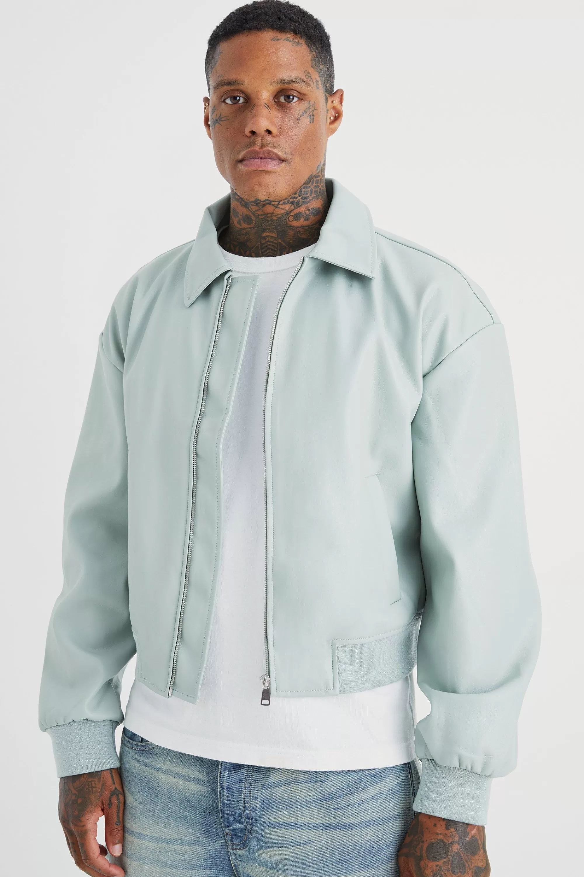 boohooMAN Boxy Embossed Pu Collared Bomber | UK