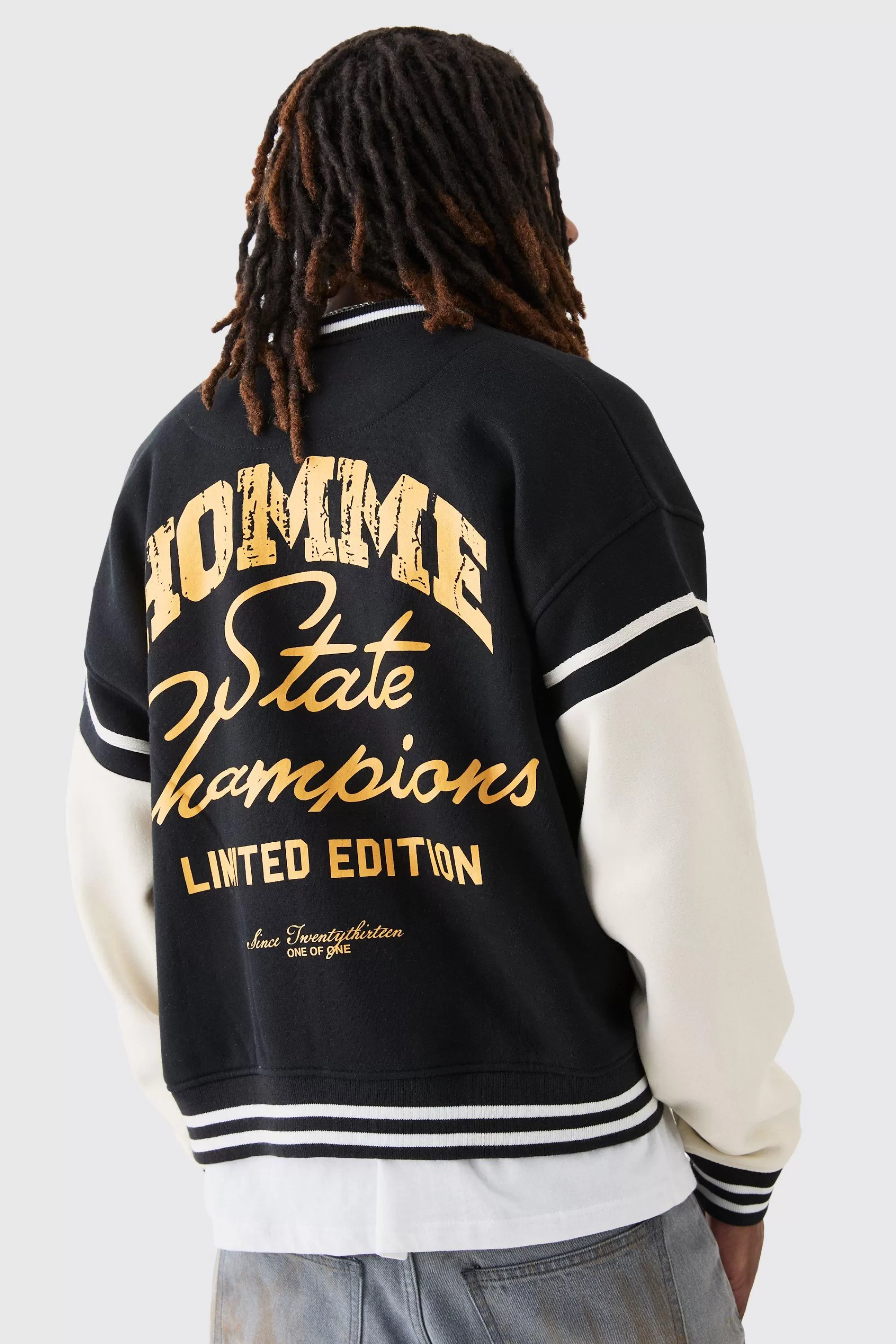 boohooMAN Boxy Embroidered Jersey Varsity Jacket | UK