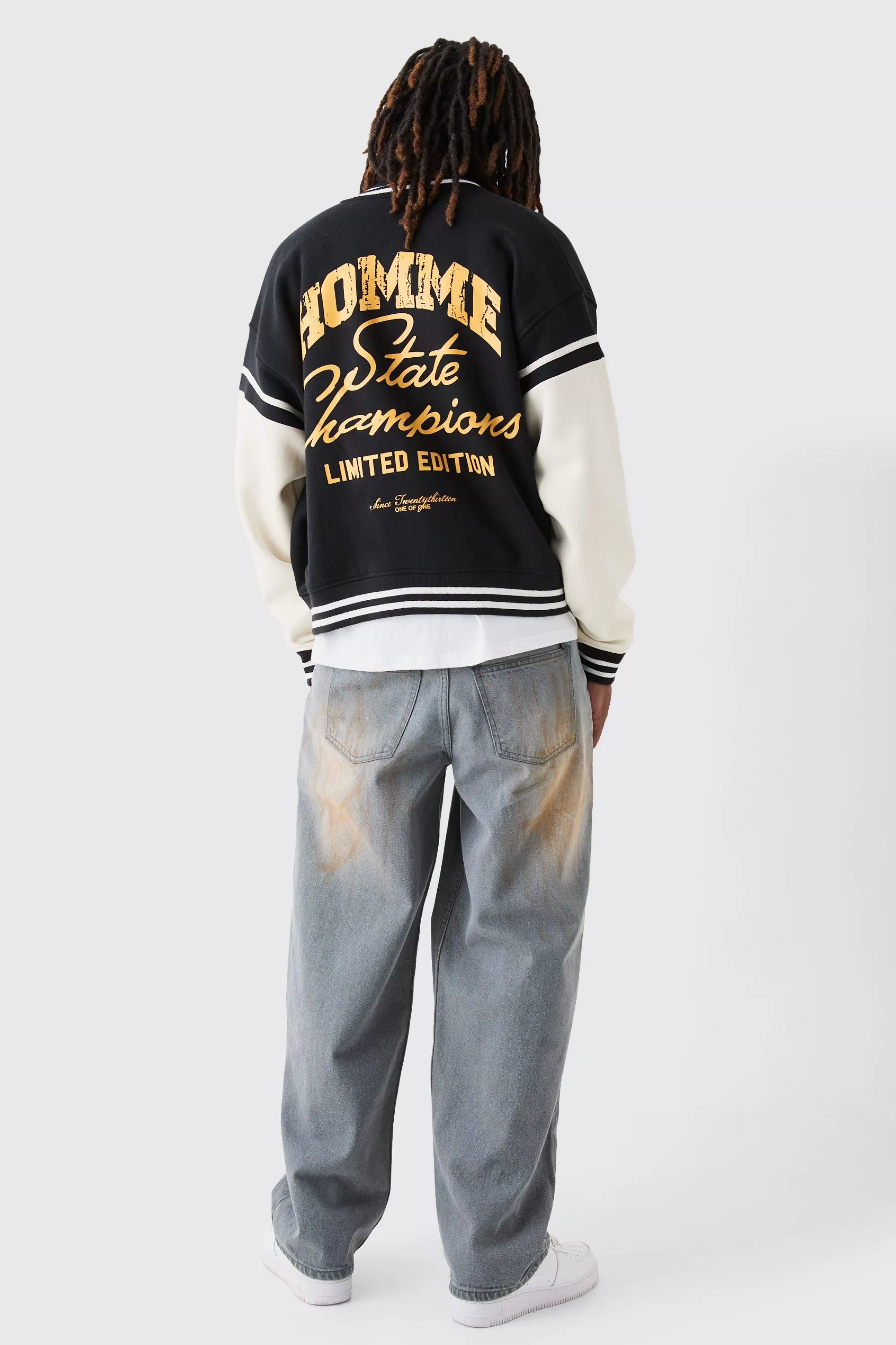 boohooMAN Boxy Embroidered Jersey Varsity Jacket | UK