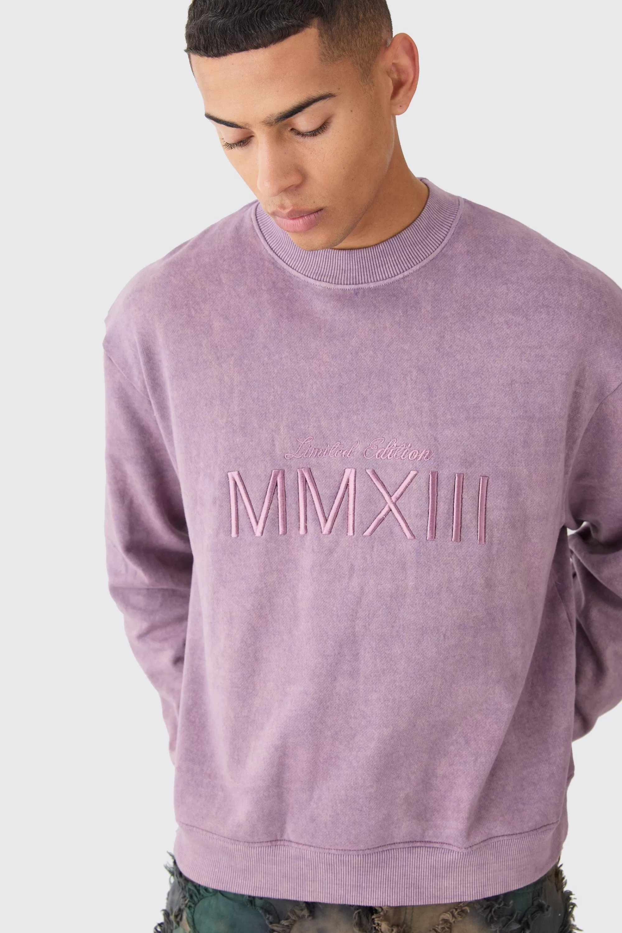 boohooMAN Boxy Extended Neck Acid Wash Embroidered Sweatshirt | UK