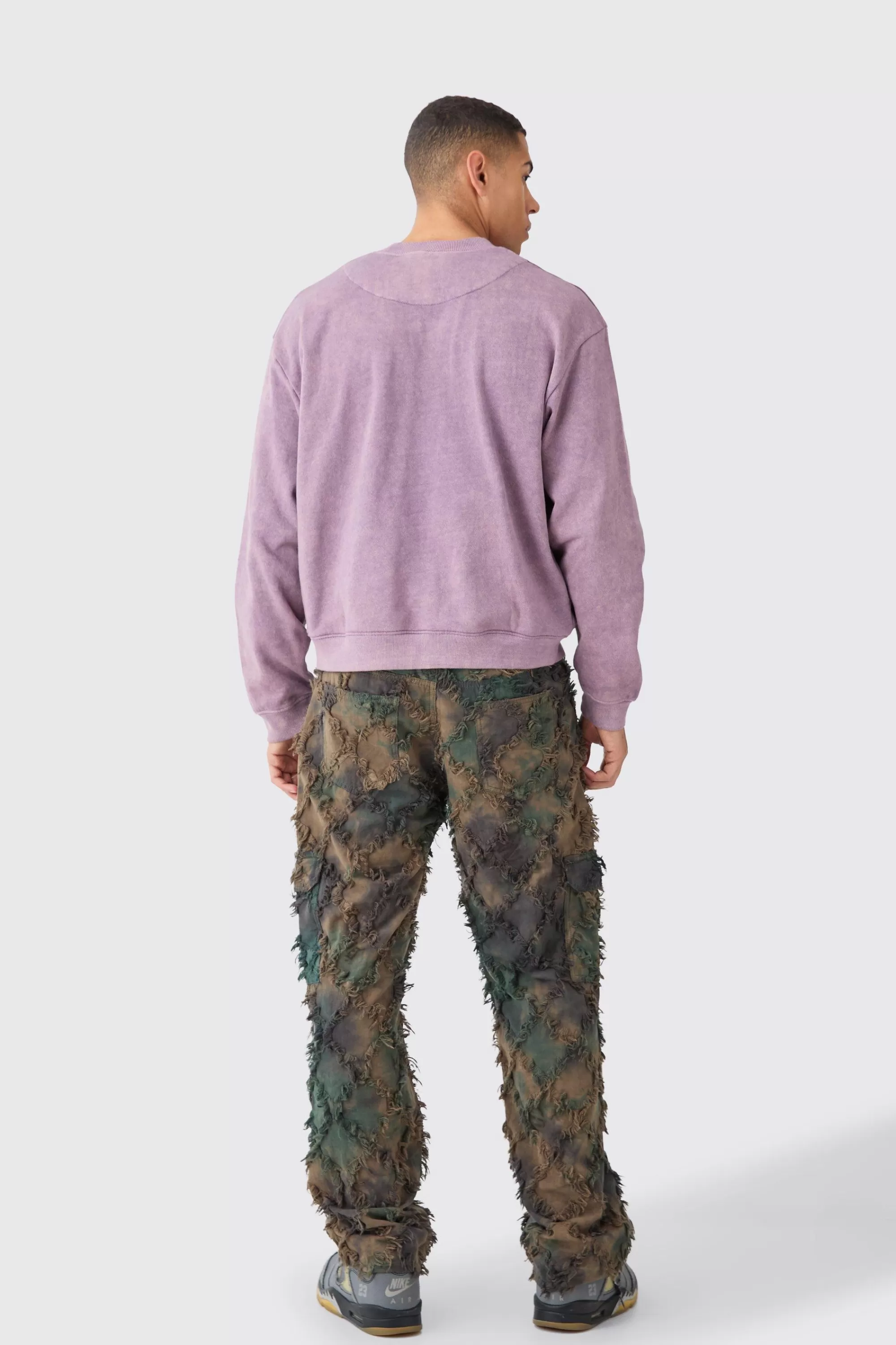 boohooMAN Boxy Extended Neck Acid Wash Embroidered Sweatshirt | UK