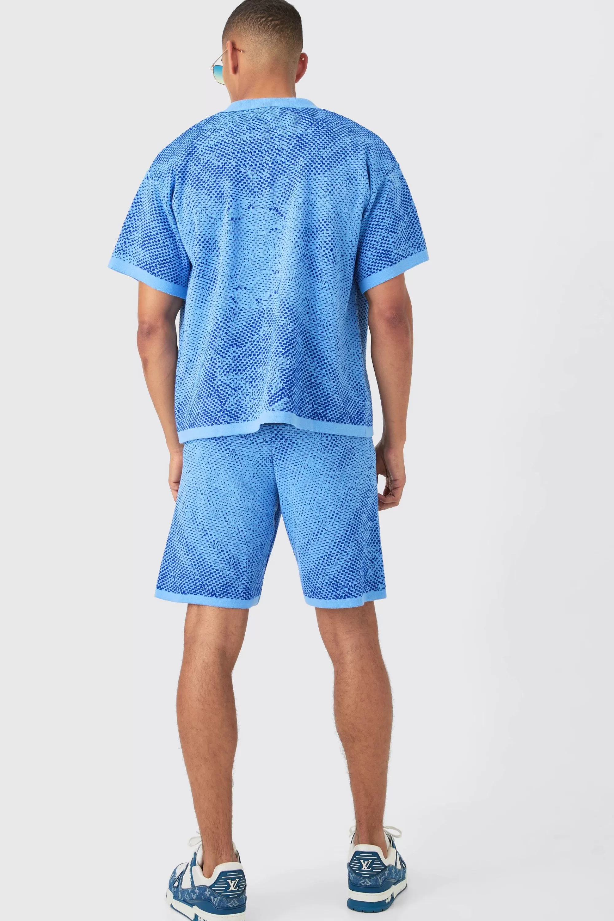 boohooMAN Boxy Face Jacquard Knitted Shirt And Short Set | UK