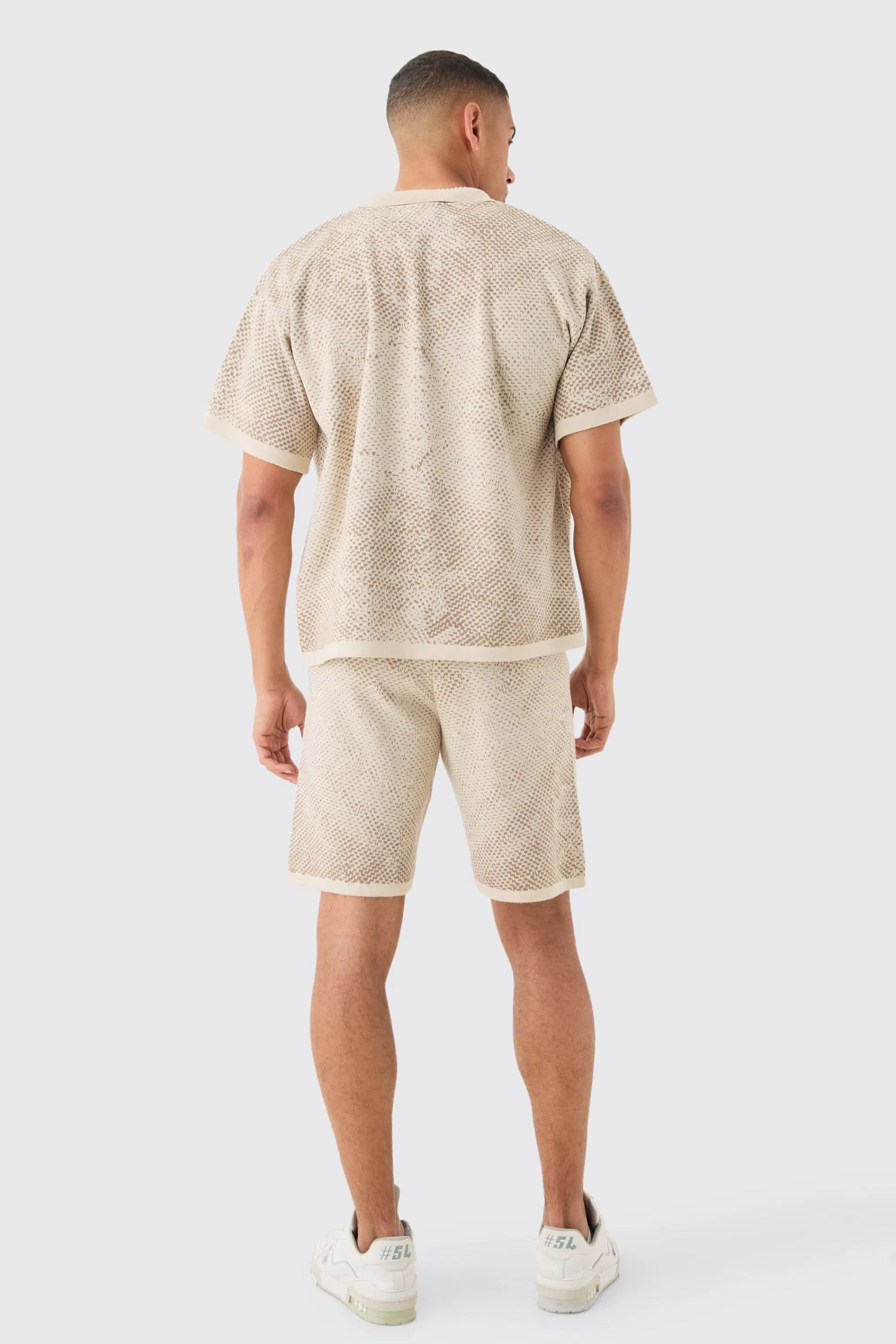 boohooMAN Boxy Face Jacquard Knitted Shirt And Short Set | UK