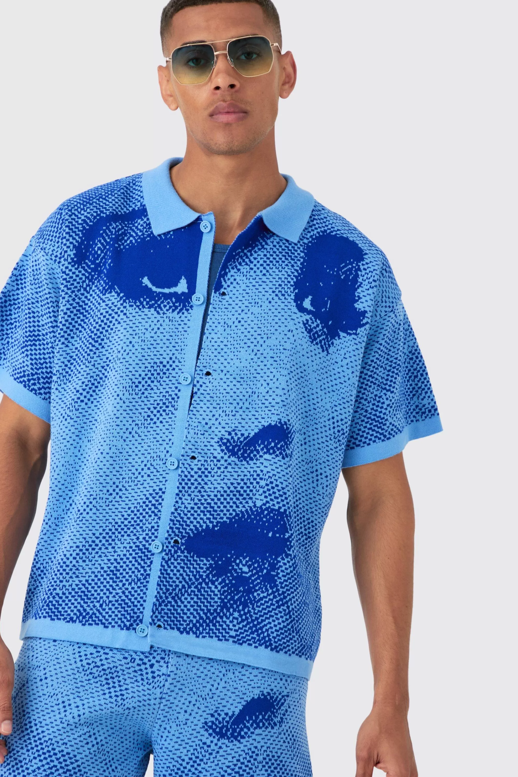 boohooMAN Boxy Face Jacquard Knitted Shirt And Short Set | UK