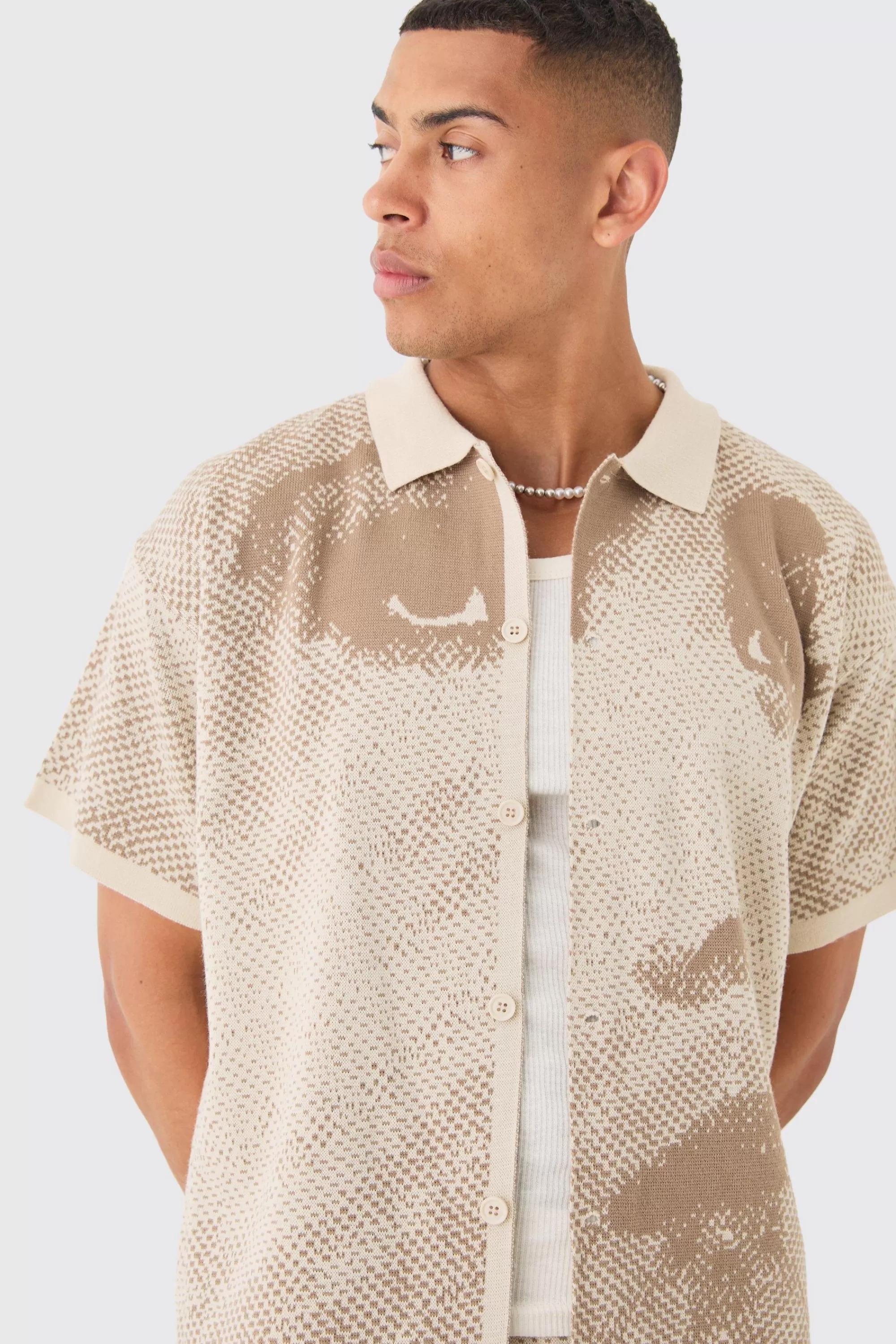 boohooMAN Boxy Face Jacquard Knitted Shirt And Short Set | UK