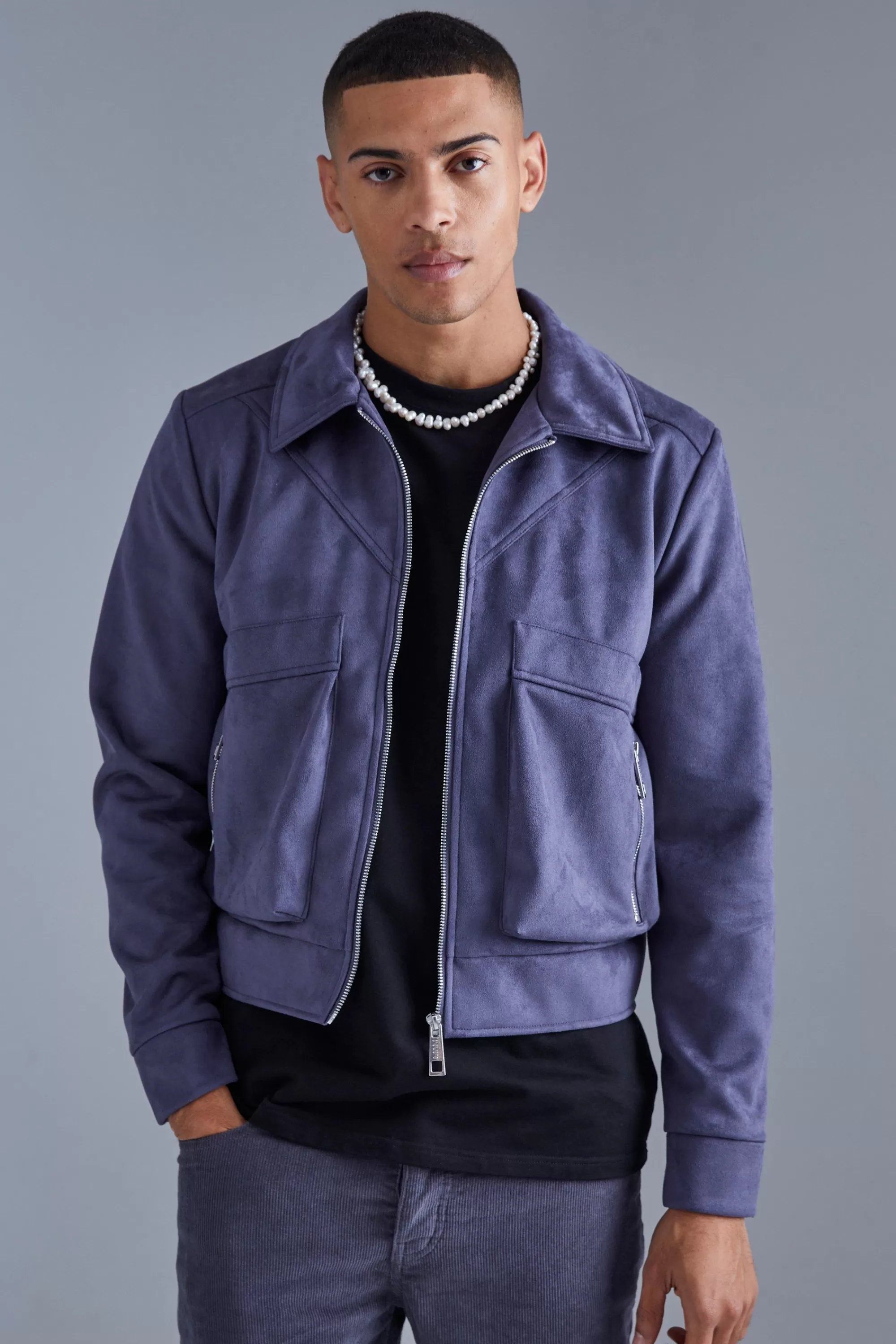 boohooMAN Boxy Faux Suede Collared Jacket | UK