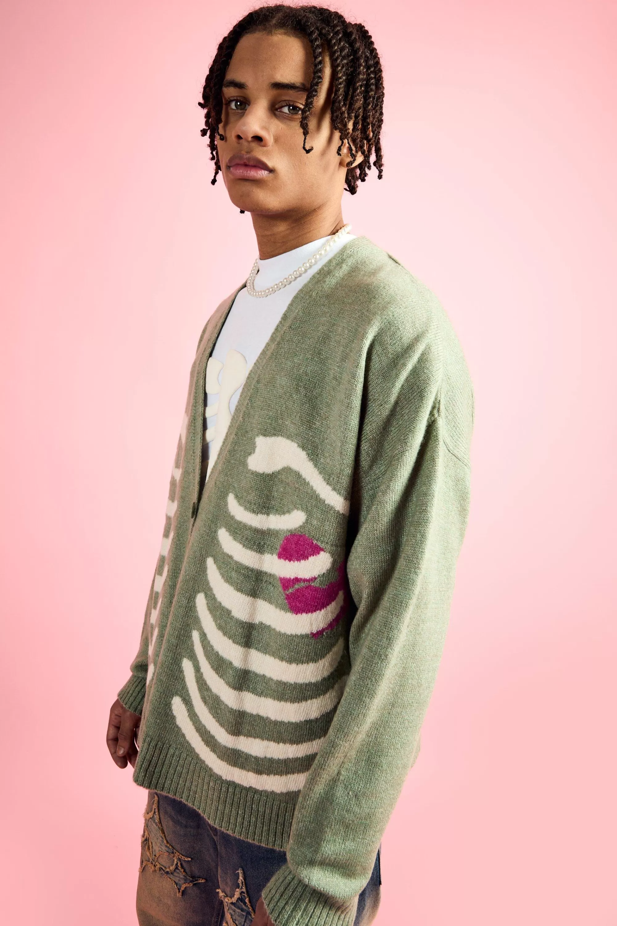 boohooMAN Boxy Fit Brushed Knit Skeleton Cardigan | UK