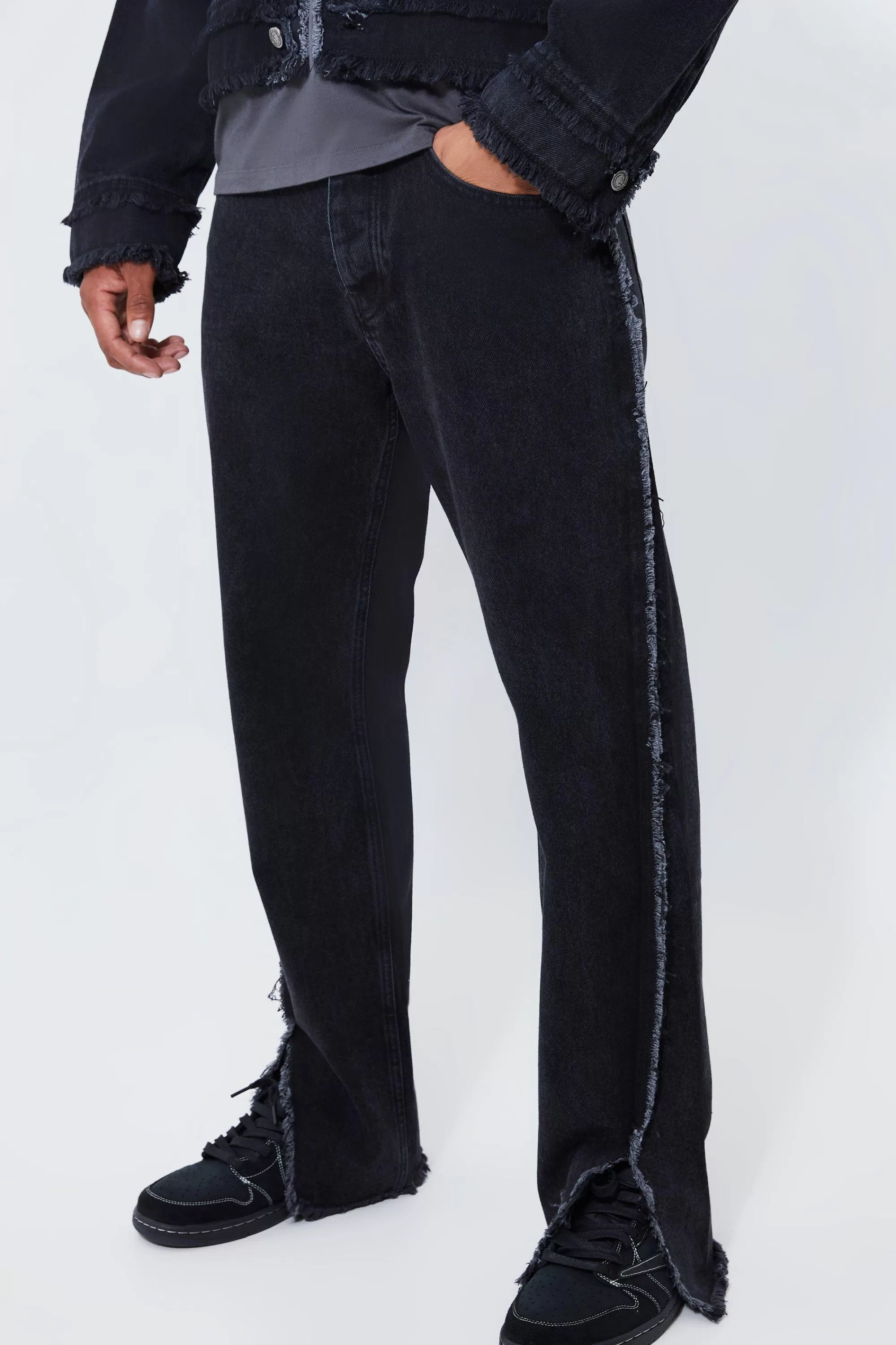boohooMAN Boxy Fit Frayed Seam Denim Jacket And Jeans | UK
