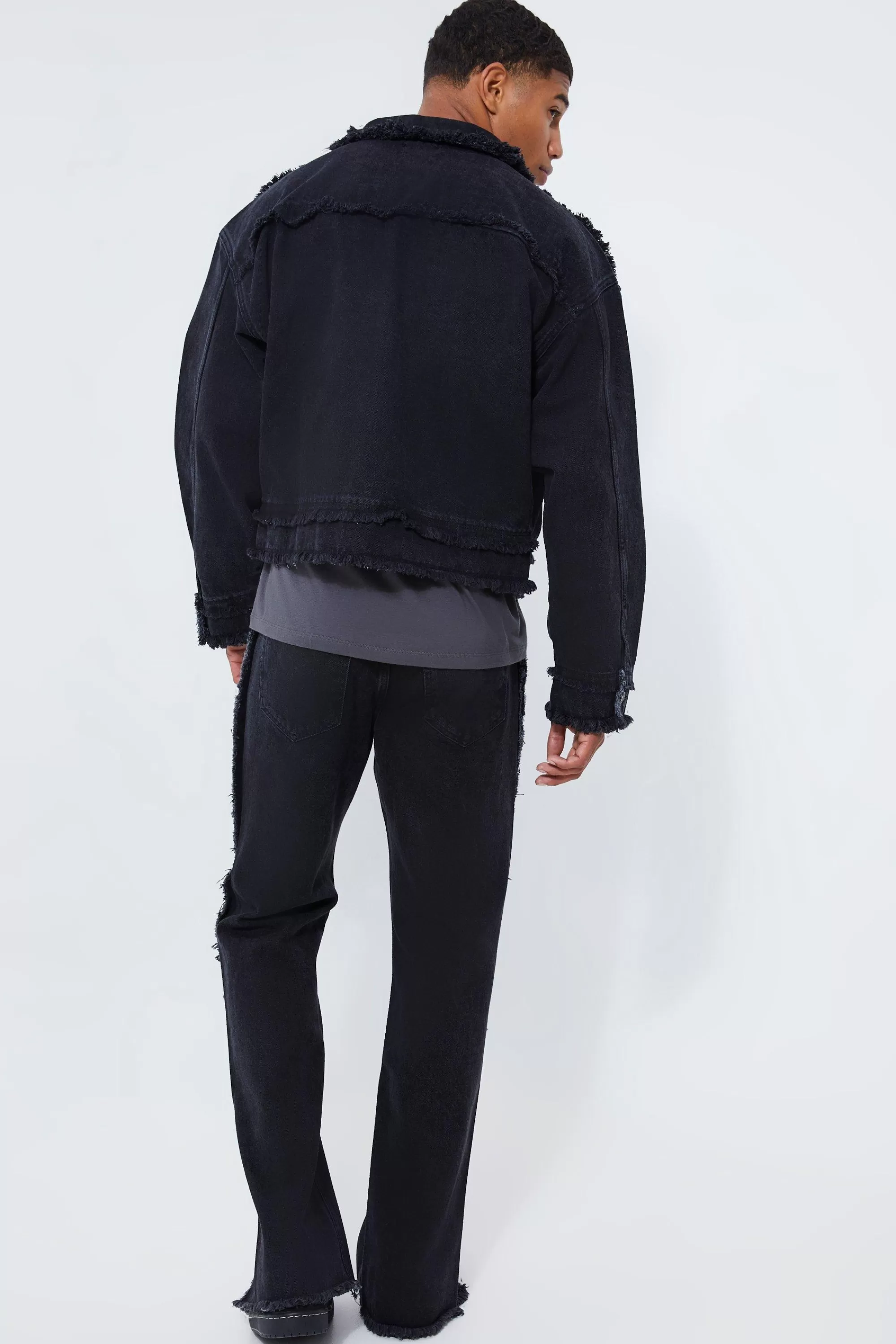 boohooMAN Boxy Fit Frayed Seam Denim Jacket And Jeans | UK
