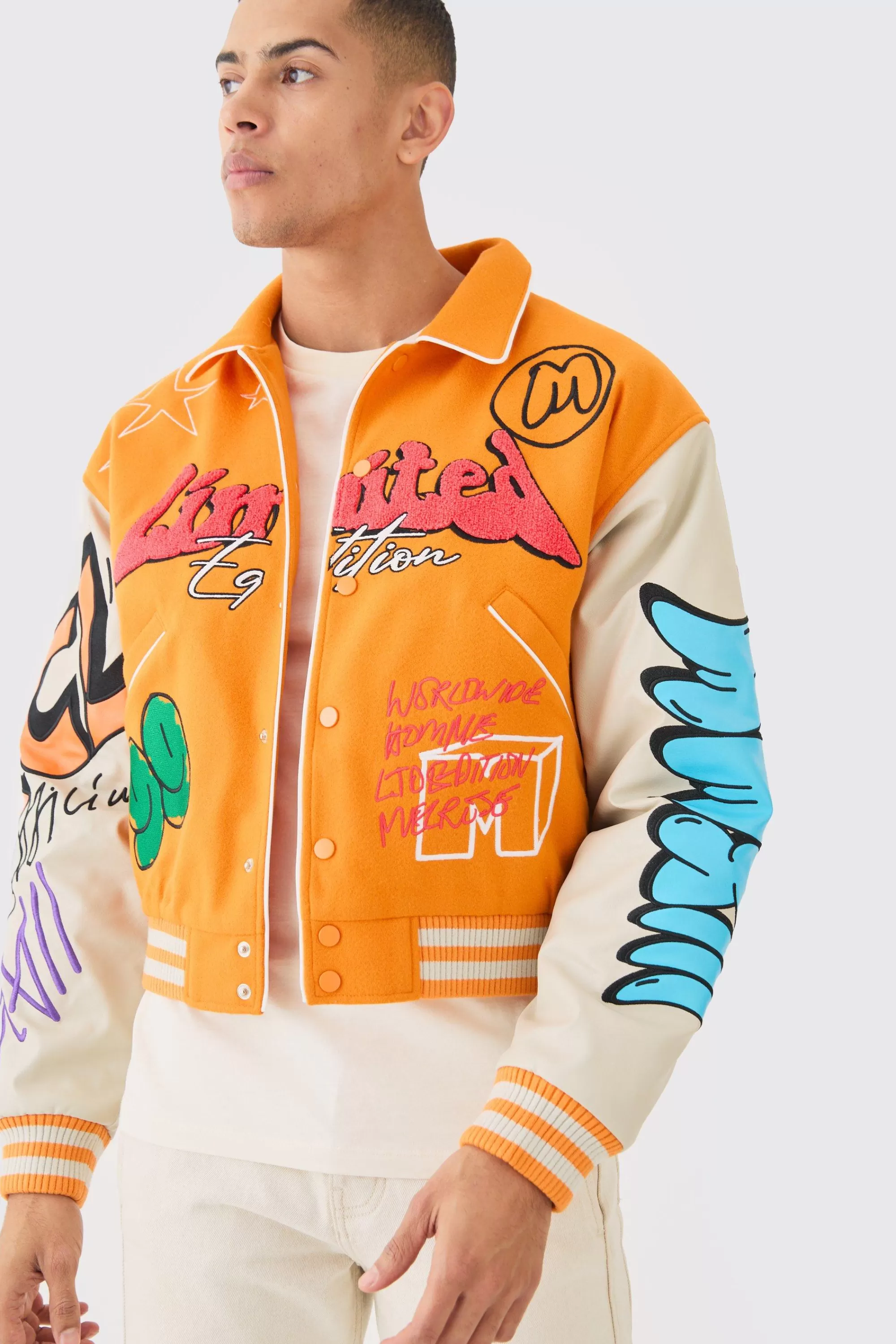 boohooMAN Boxy Fit Graffiti Varsity Jacket | UK