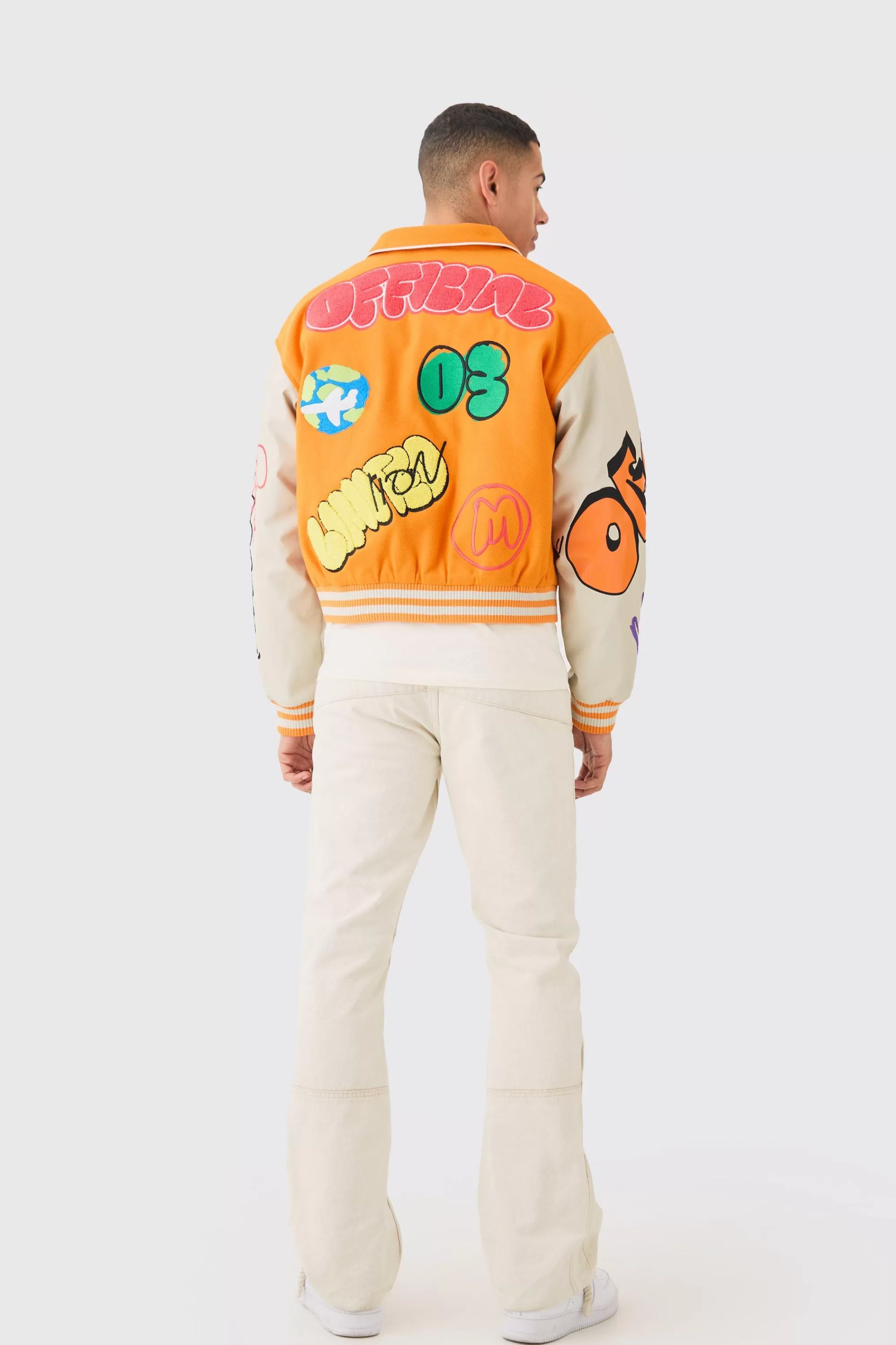 boohooMAN Boxy Fit Graffiti Varsity Jacket | UK
