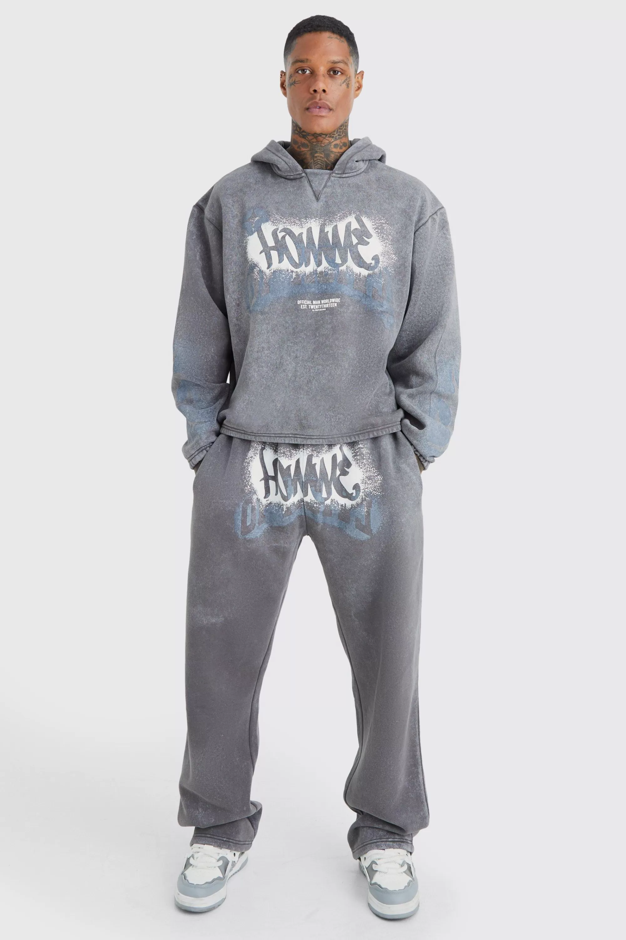 boohooMAN Boxy Fit Homme Graffiti Print Tracksuit | UK