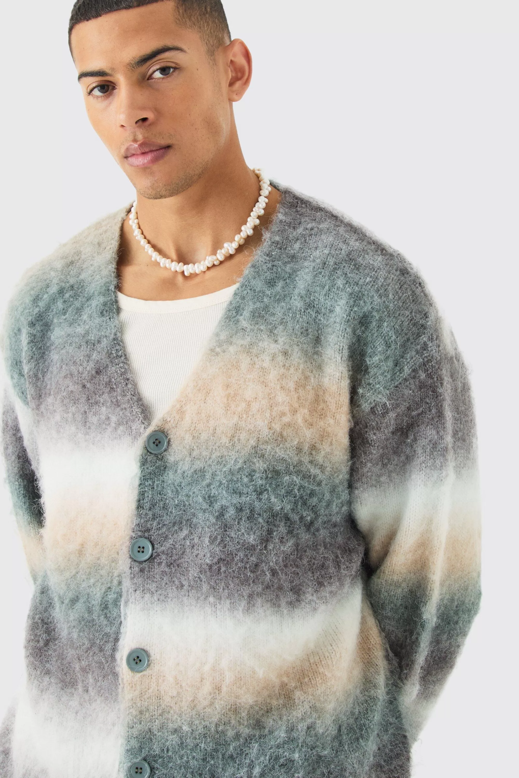 boohooMAN Boxy Fit Knitted Brushed Stripe Cardigan | UK