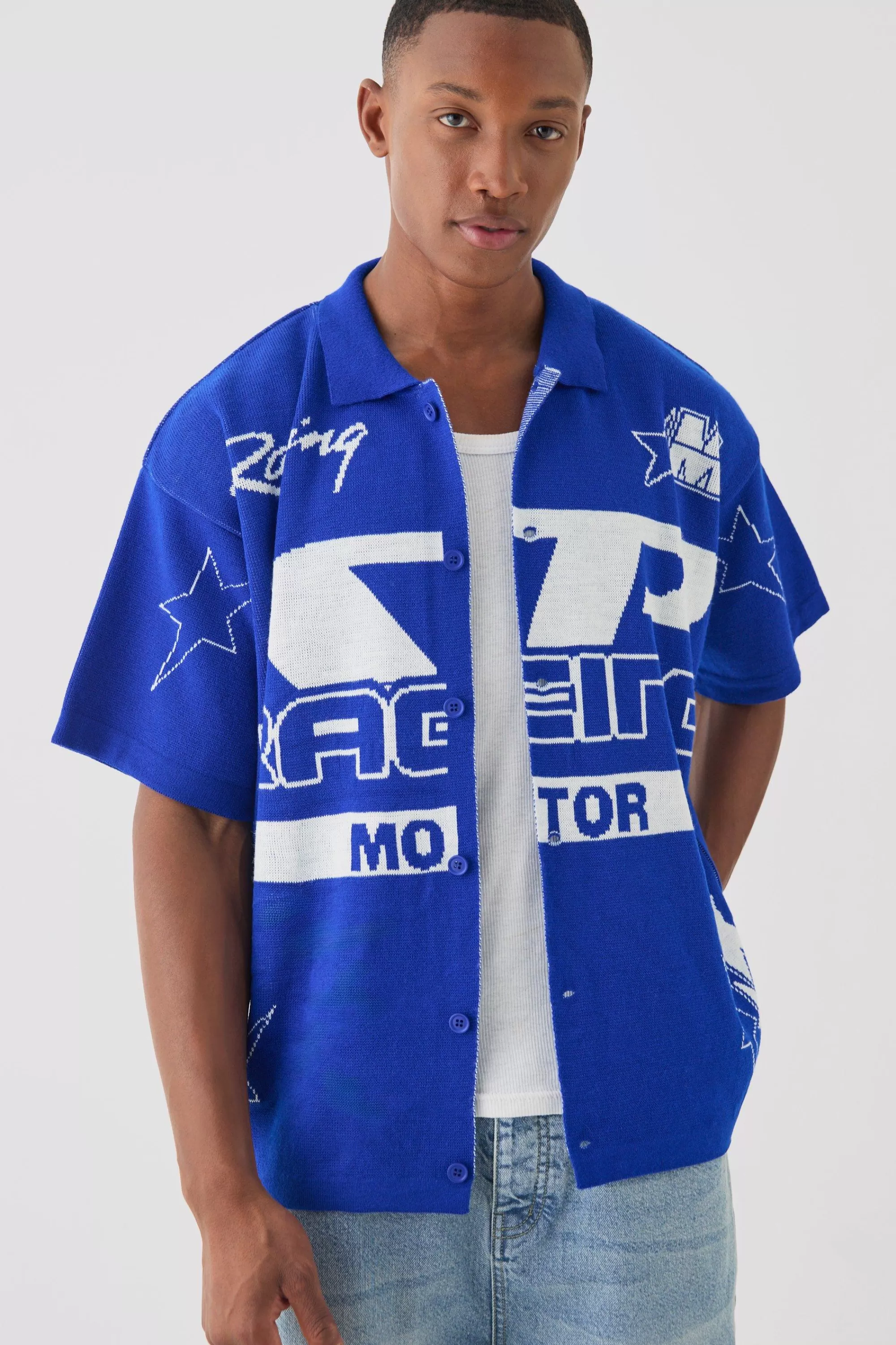 boohooMAN Boxy Fit Knitted Moto Shirt | UK