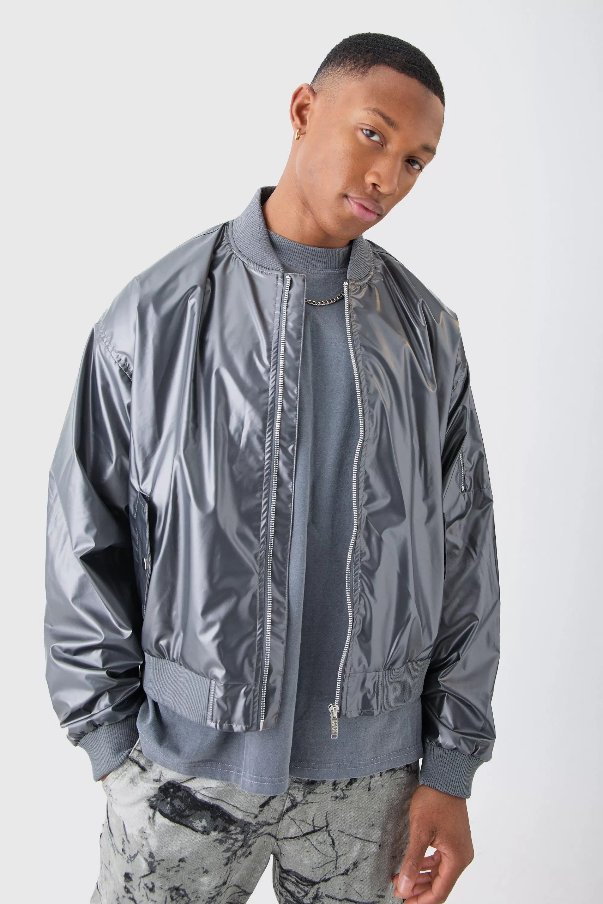 boohooMAN Boxy Fit Metallic Ma1 Bomber | UK