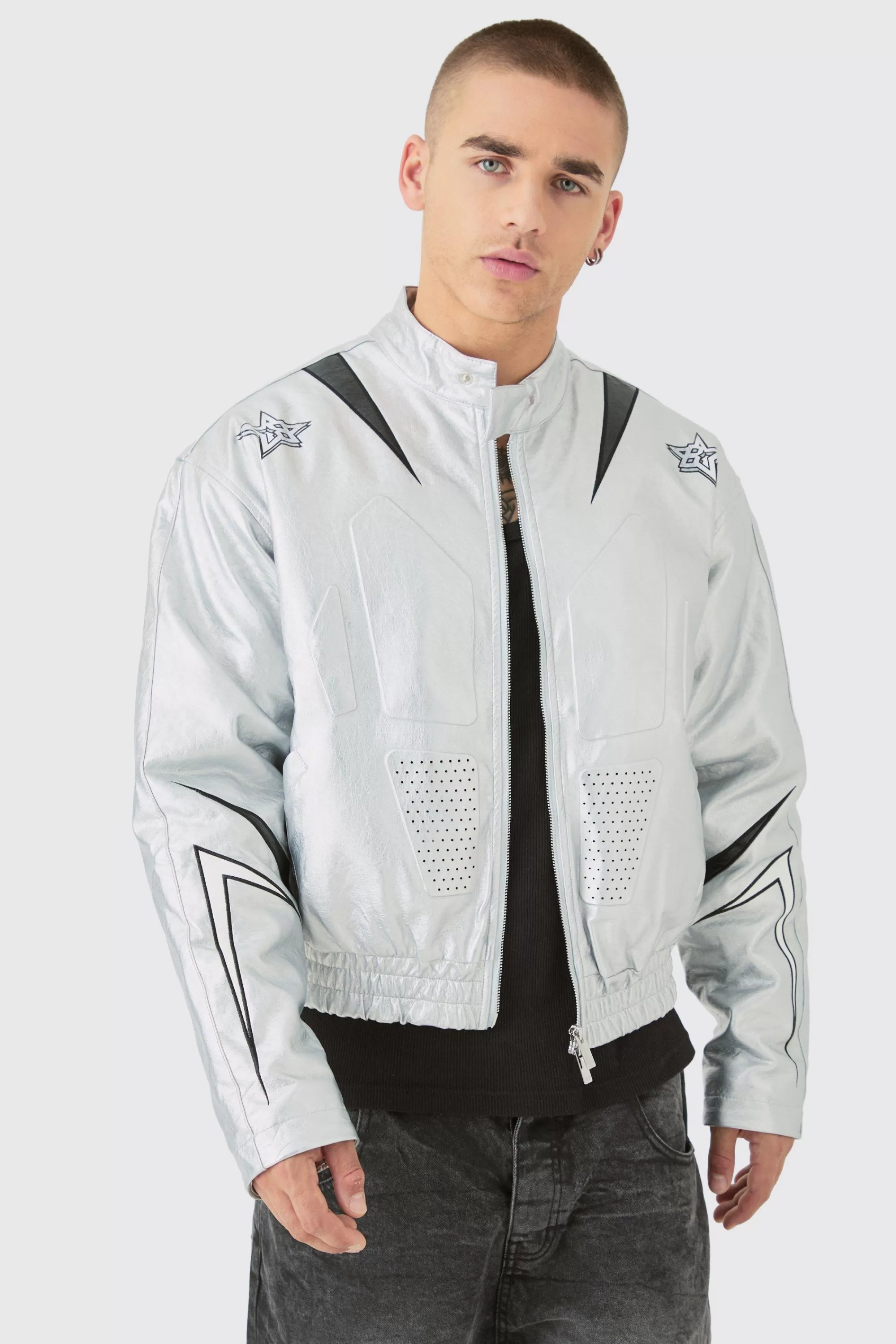 boohooMAN Boxy Fit Metallic Pu Panel Moto Bomber | UK