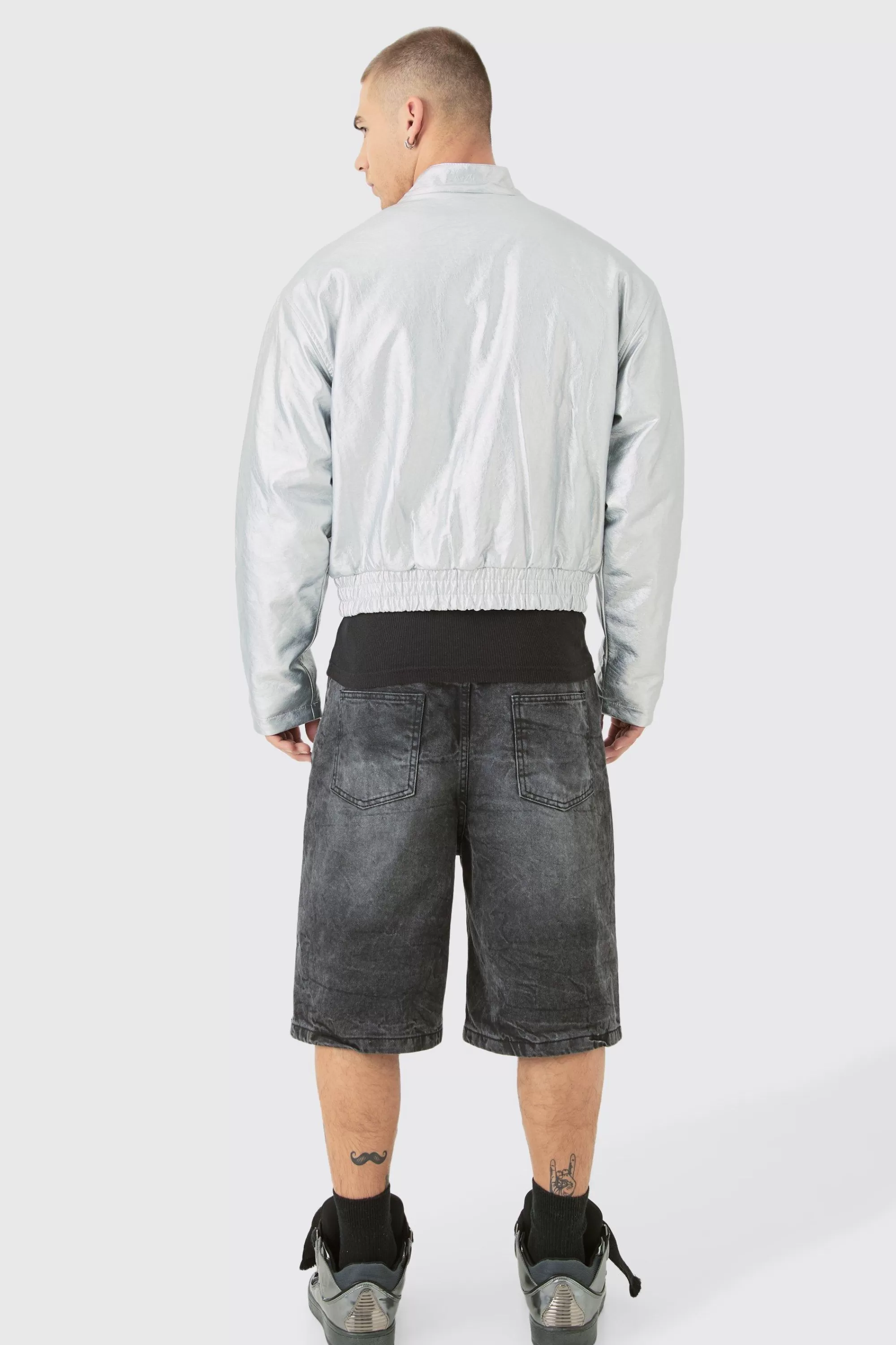 boohooMAN Boxy Fit Metallic Pu Panel Moto Bomber | UK