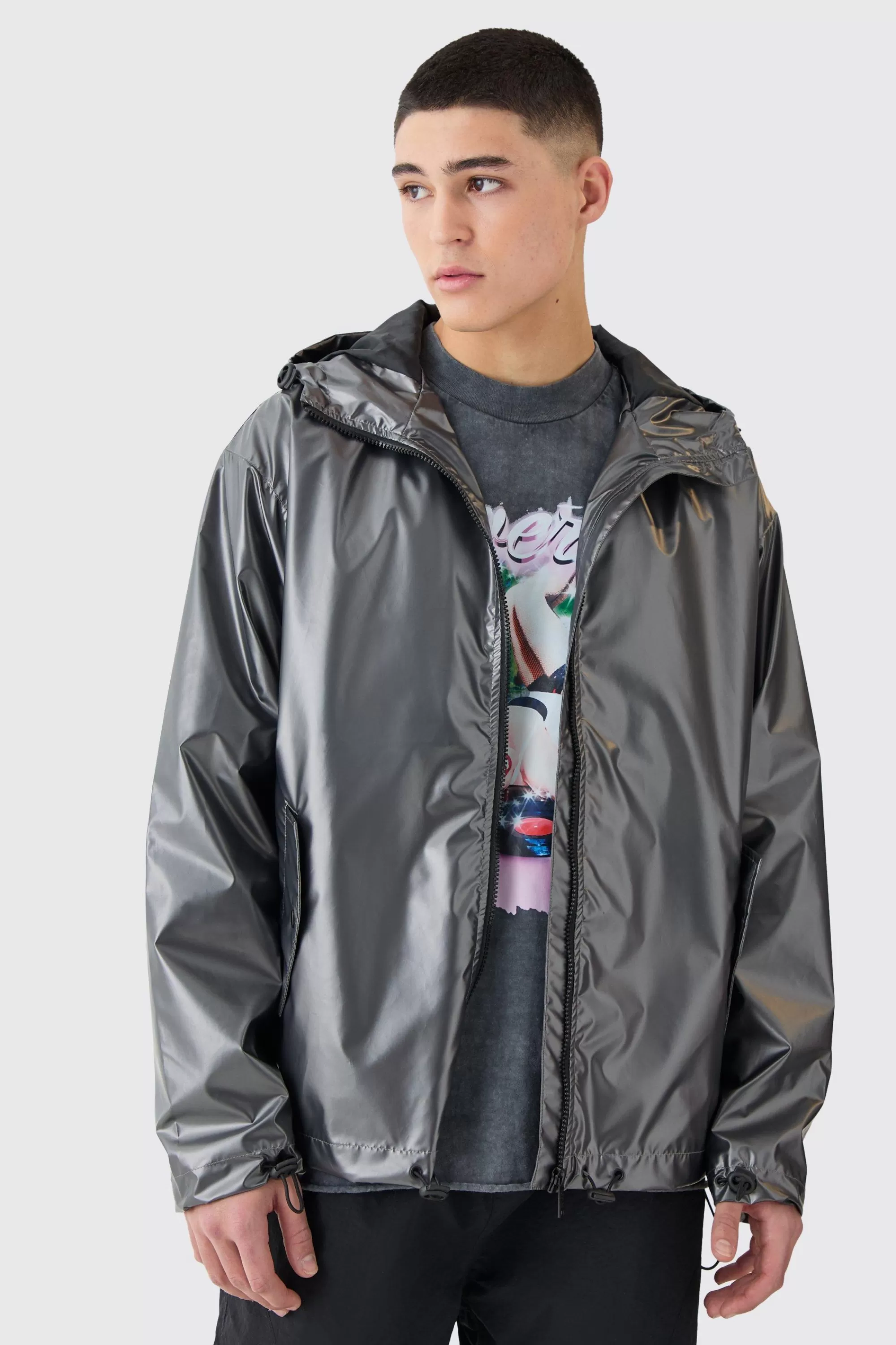 boohooMAN Boxy Fit Metallic Windbreaker | UK