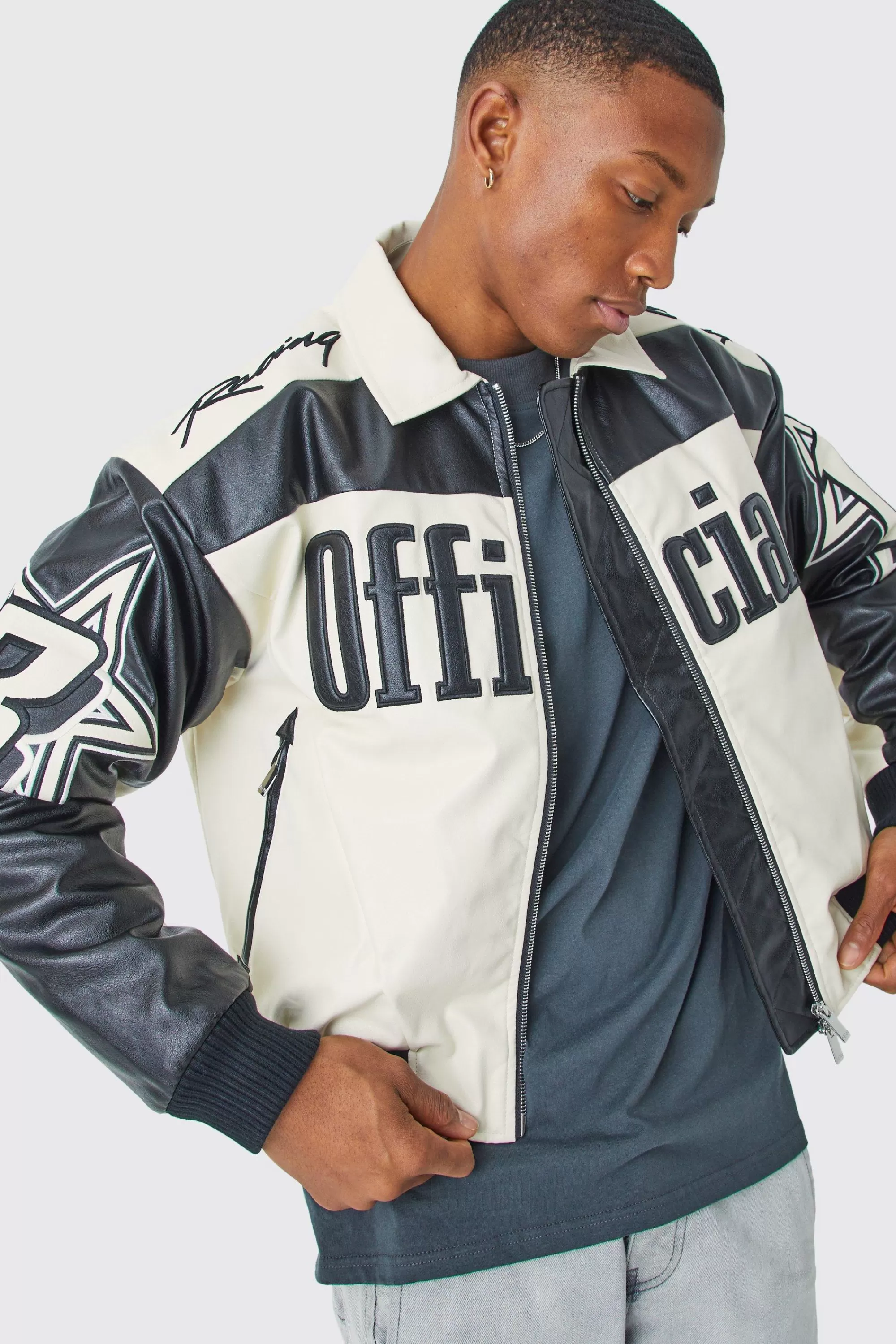 boohooMAN Boxy Fit Pu Moto Collared Bomber | UK