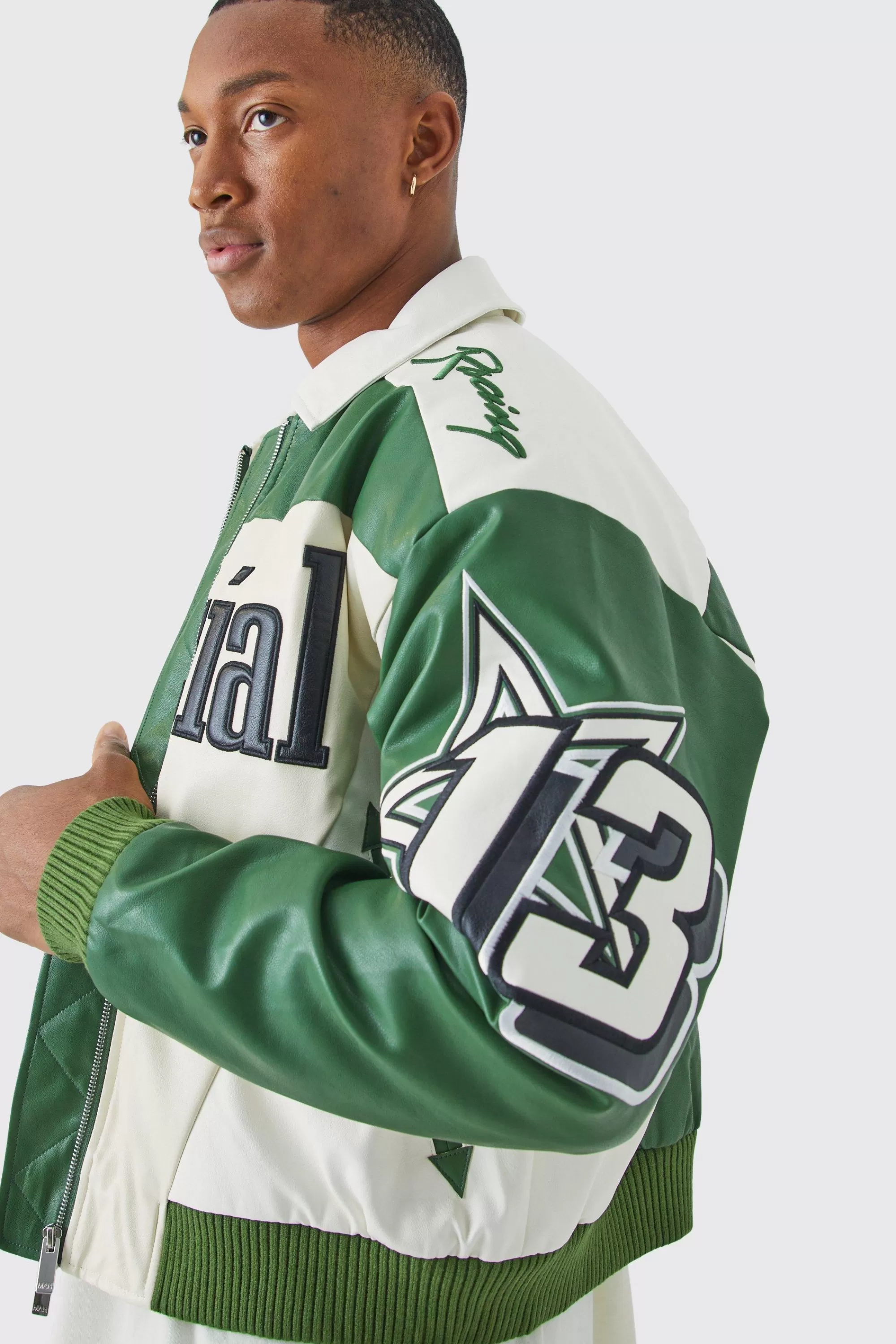 boohooMAN Boxy Fit Pu Moto Collared Bomber | UK