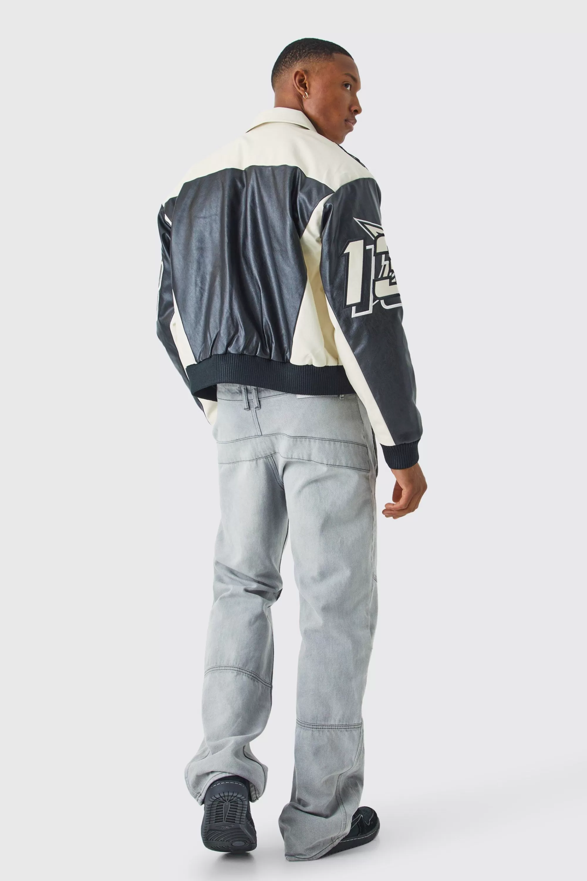 boohooMAN Boxy Fit Pu Moto Collared Bomber | UK