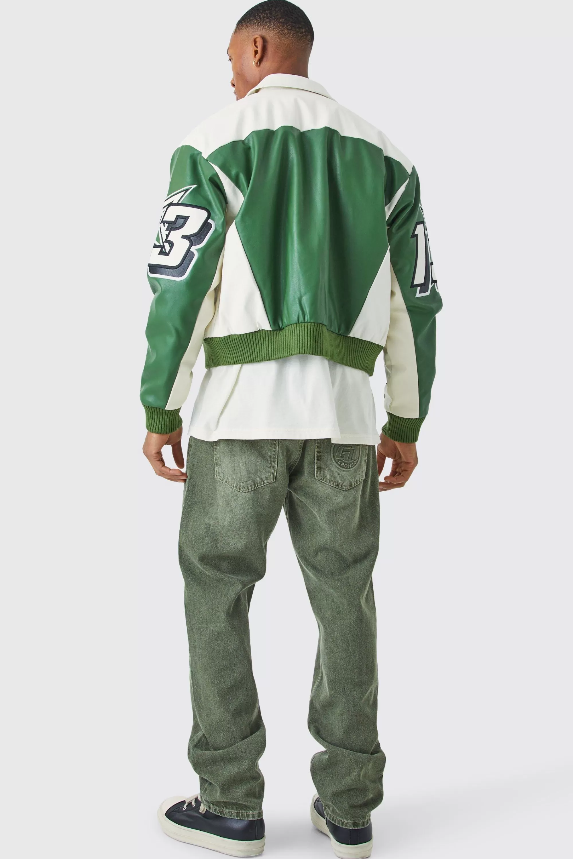boohooMAN Boxy Fit Pu Moto Collared Bomber | UK