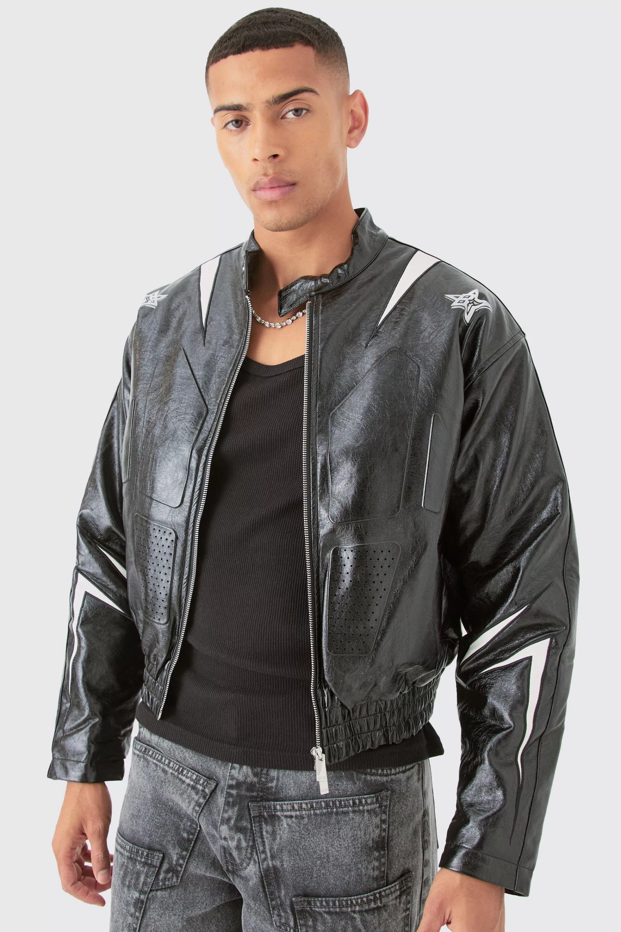 boohooMAN Boxy Fit Pu Panel Moto Bomber | UK