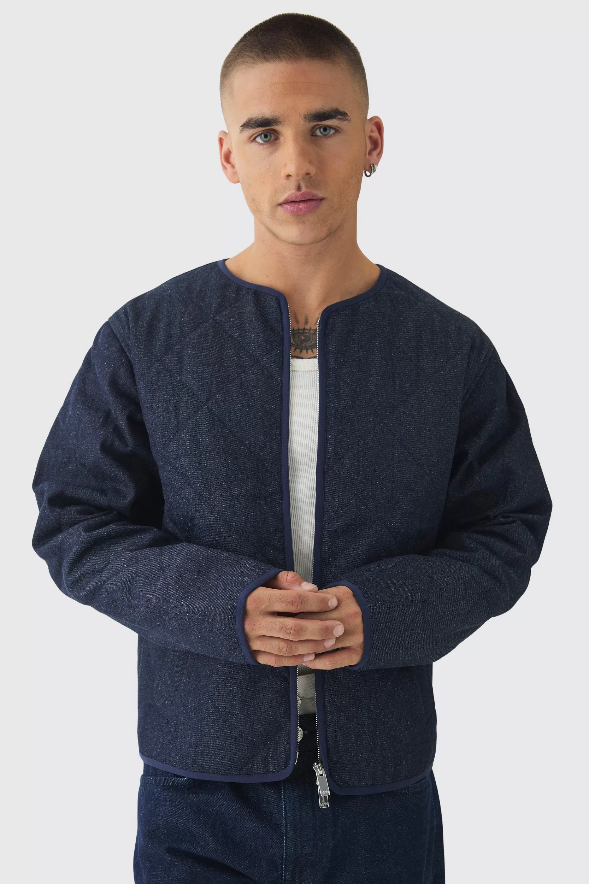 boohooMAN Boxy Fit Quilted Collarless Denim Jacket | UK